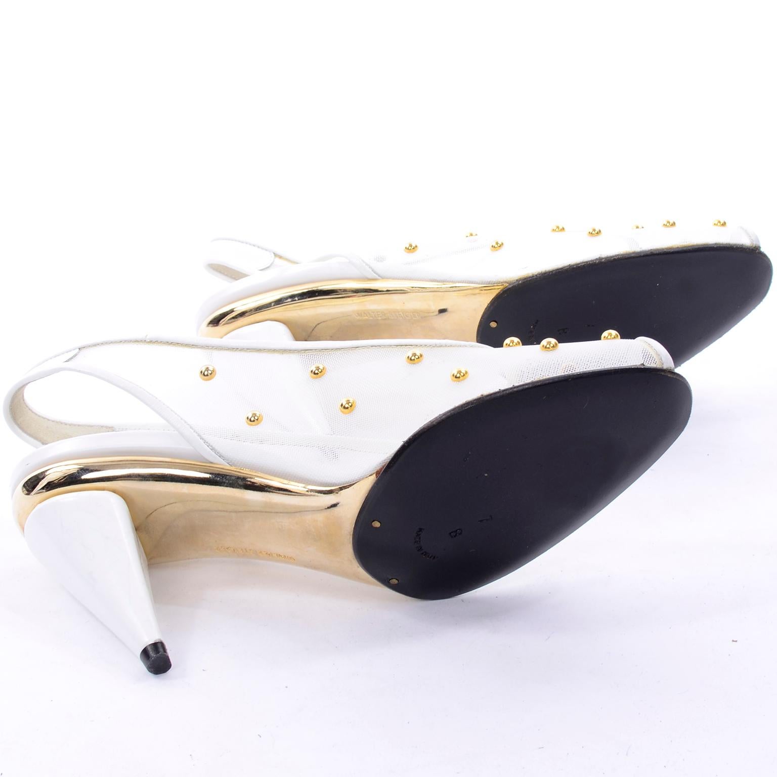 Women's Unworn Walter Steiger Shoes Vintage Peep-Toe White Studded Mesh Slingback Heels 