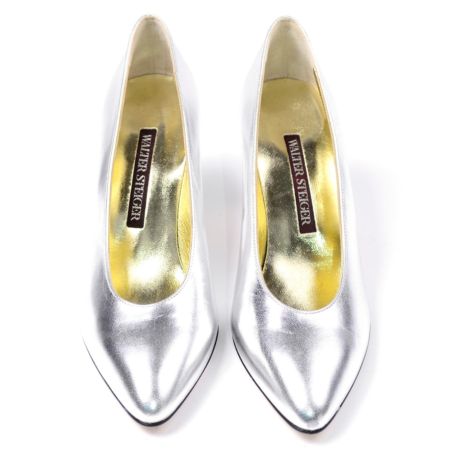 This is such a fun pair of Walter Steiger shoes in a fabulous metallic silver. Perfect for the holidays, these silver gently pointed toe  heels have leather soles and uppers. These shoes have never been worn and other than a few very minor slight