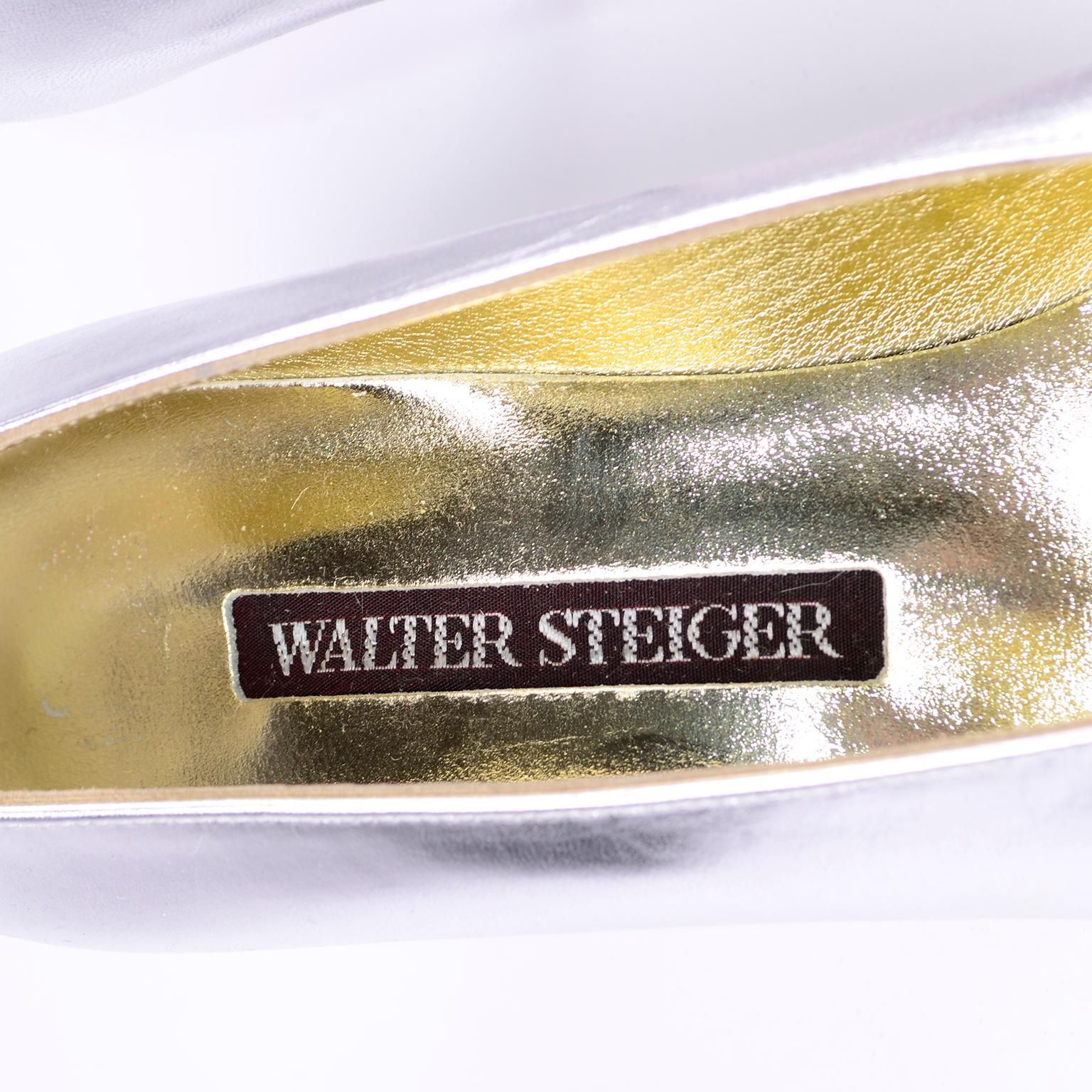 Unworn Walter Steiger Vintage Silver Metallic Shoes W 3 Inch Heels Size 7 For Sale 1