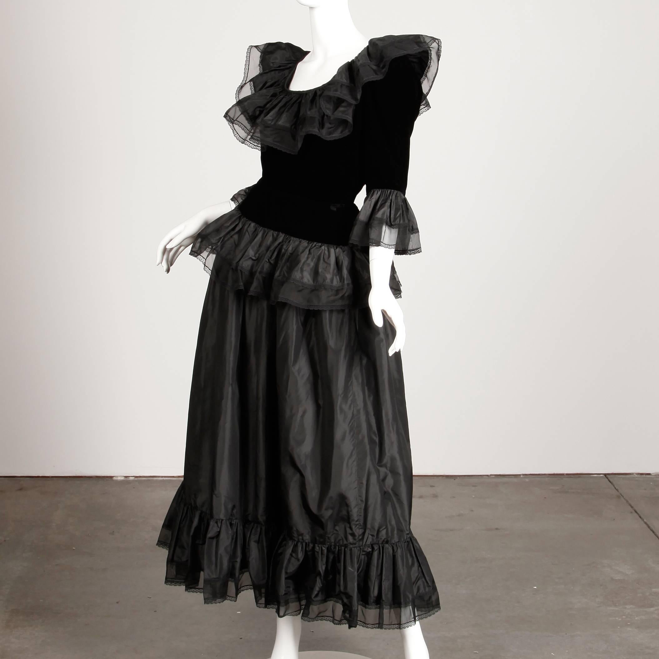 Unworn with Tags 1970s Oscar de la Renta Vintage Black Silk Top + Skirt Dress In New Condition In Sparks, NV
