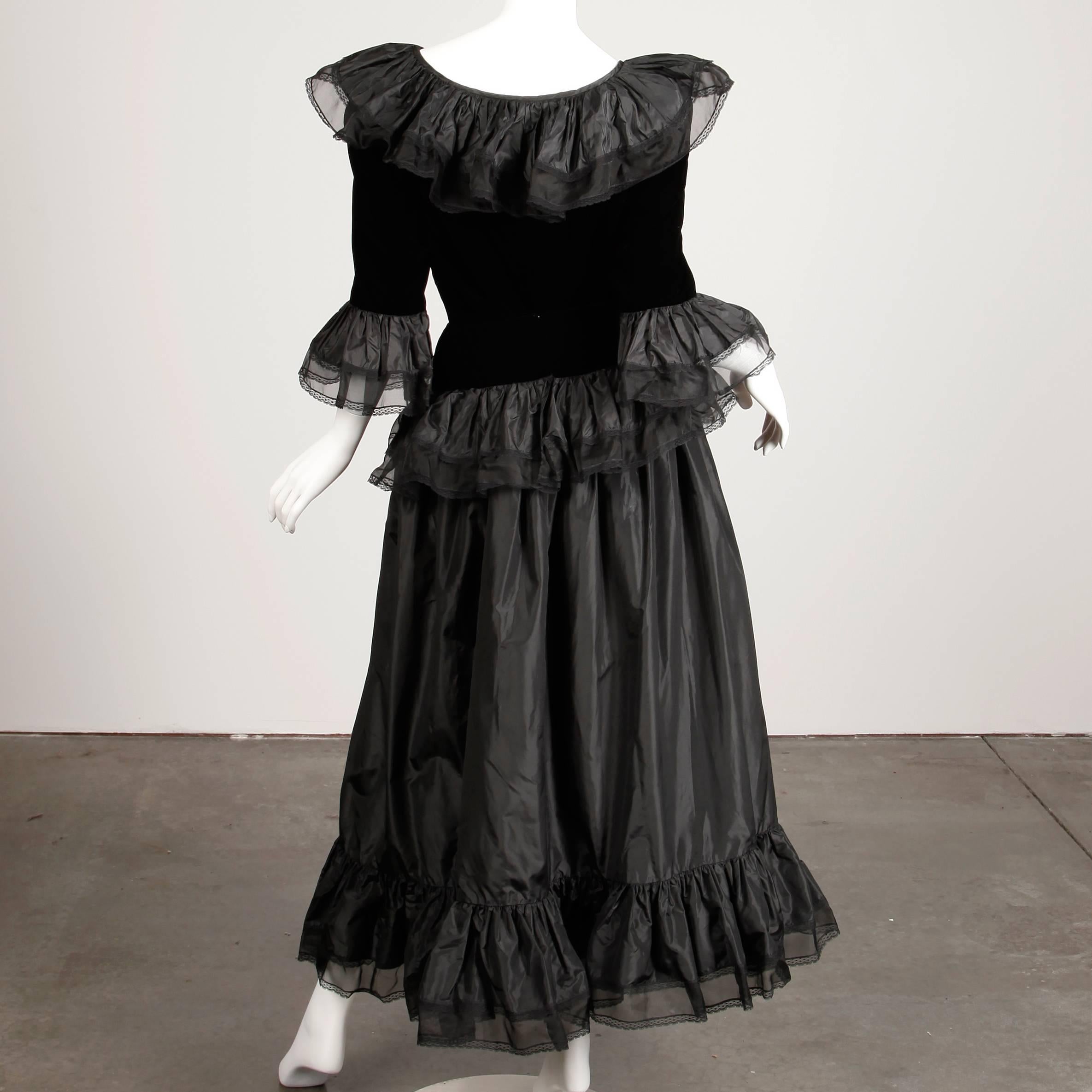 Women's Unworn with Tags 1970s Oscar de la Renta Vintage Black Silk Top + Skirt Dress