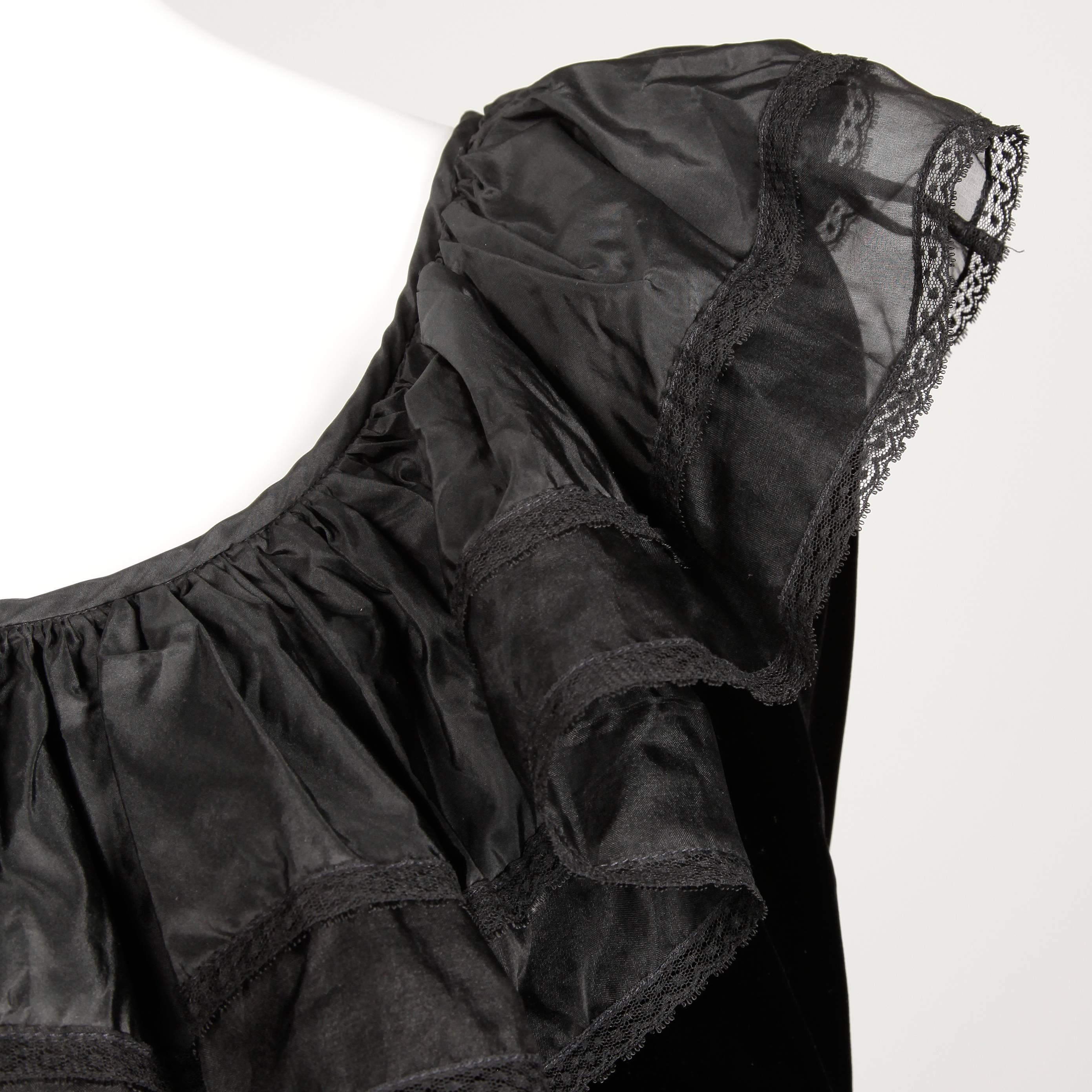 Unworn with Tags 1970s Oscar de la Renta Vintage Black Silk Top + Skirt Dress 1