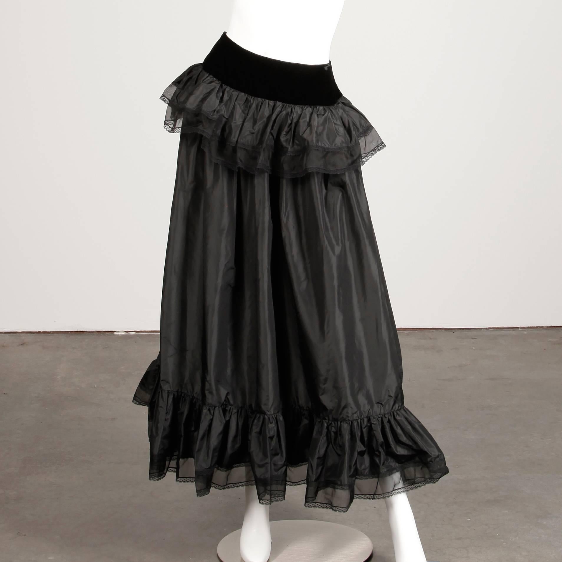 Unworn with Tags 1970s Oscar de la Renta Vintage Black Silk Top + Skirt Dress 2