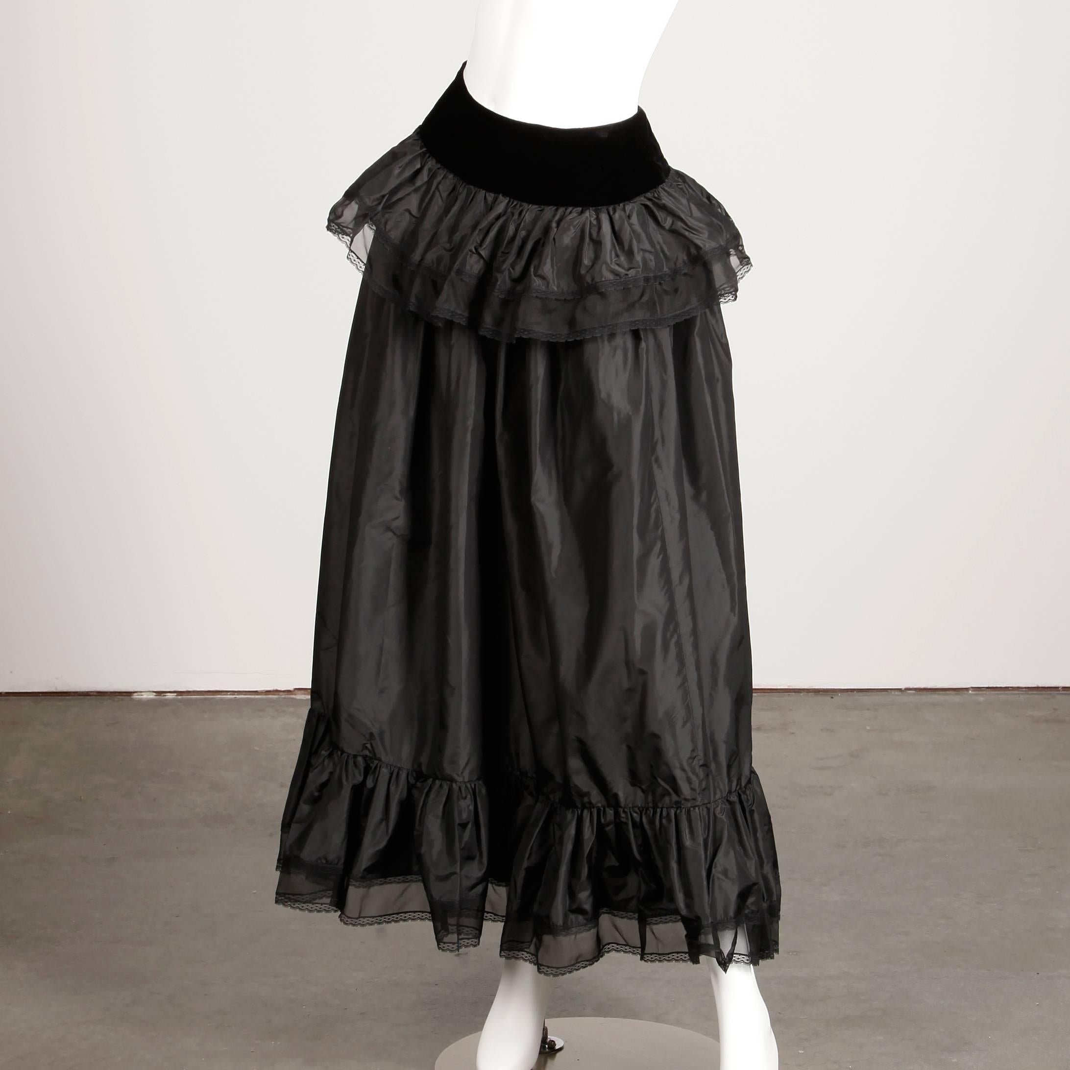 Unworn with Tags 1970s Oscar de la Renta Vintage Black Silk Top + Skirt Dress 3