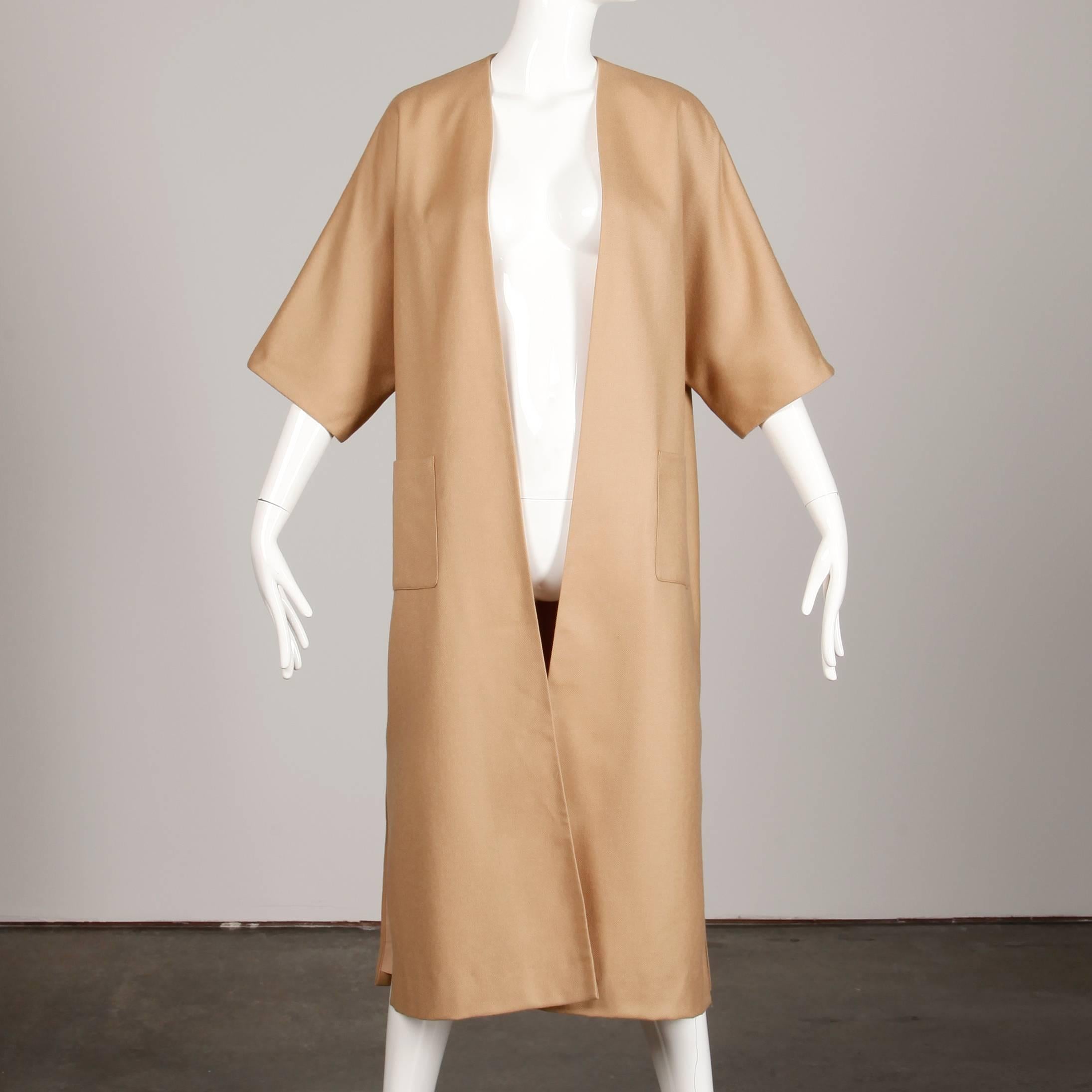 Brown Unworn with Tags 1970s Vintage Camel Wool Maxi Coat or Duster with 3/4 Sleeves