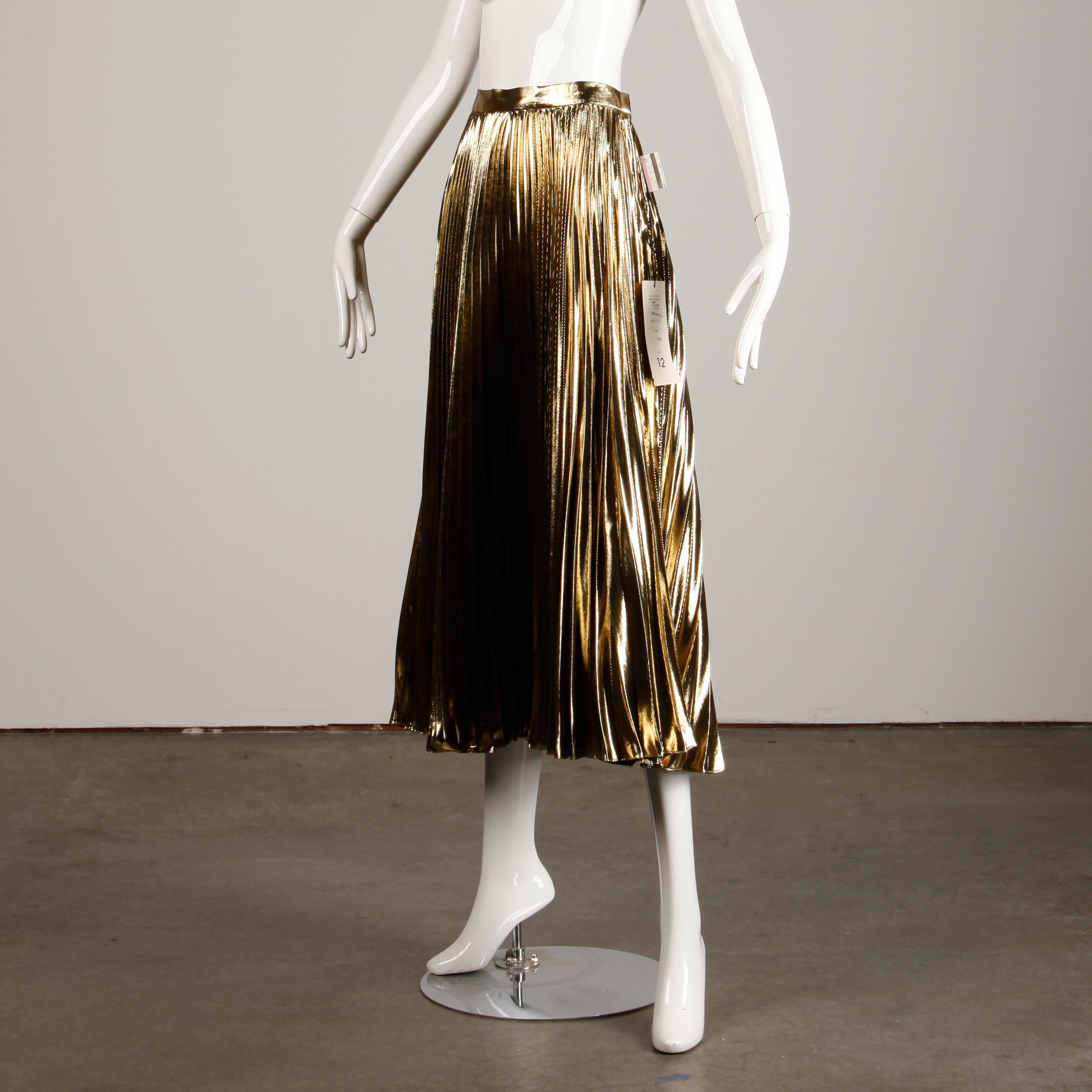 Women's Unworn with Tags 1980s Vintage Metallic Gold Lame Pleated Midi or Maxi Skirt