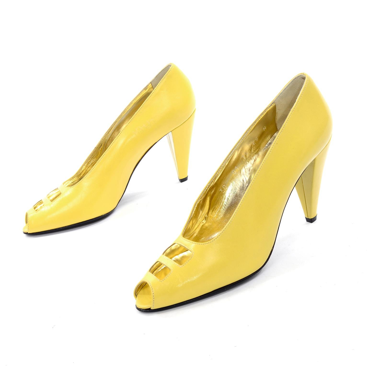 Unworn Yellow Escada Vintage Shoes With Peep Toe Cutwork and heels in Size 7.5 In New Condition In Portland, OR
