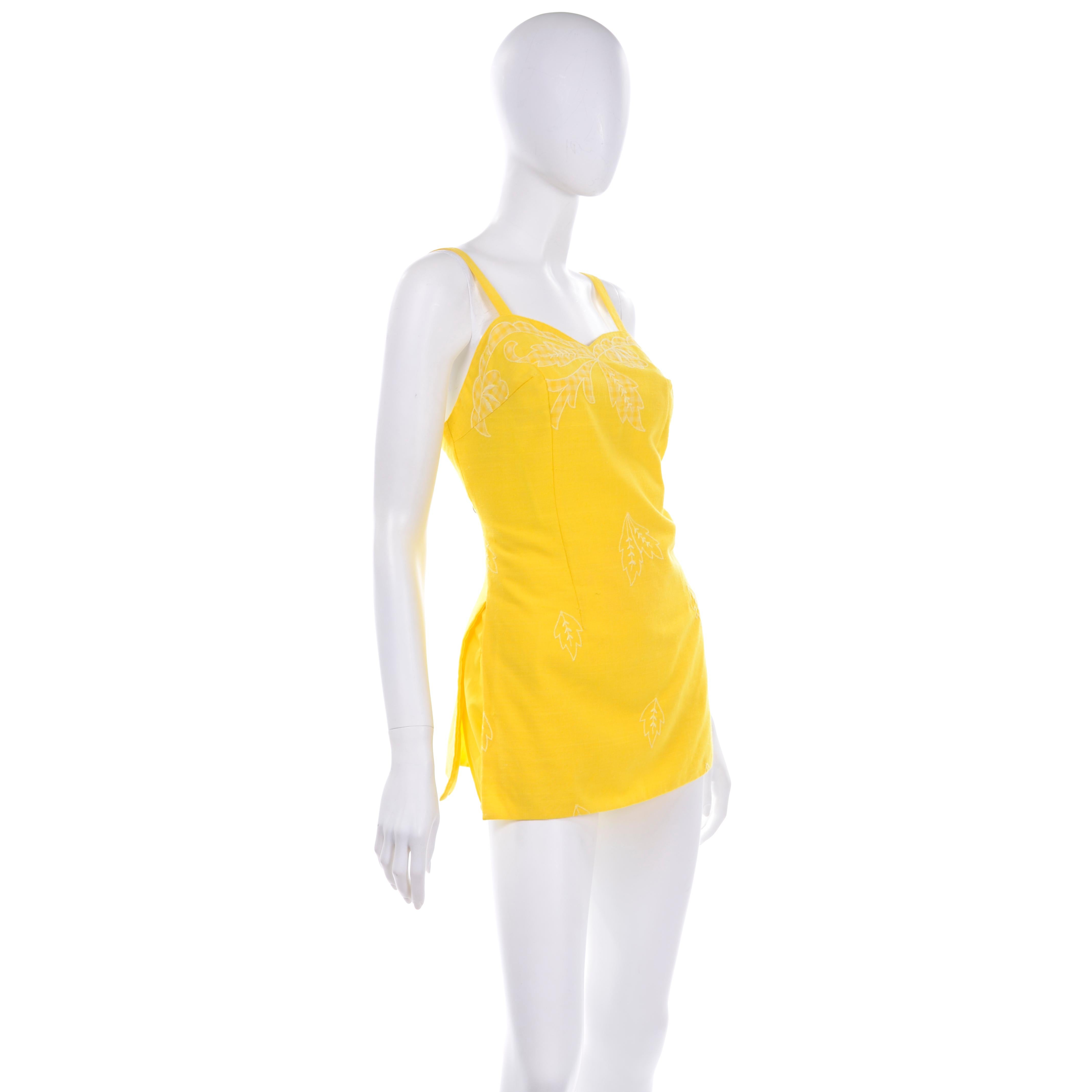 Unworn Yellow Vintage Tina Leser Gabar 1960s Swimsuit w Gingham & Embroidery In New Condition In Portland, OR