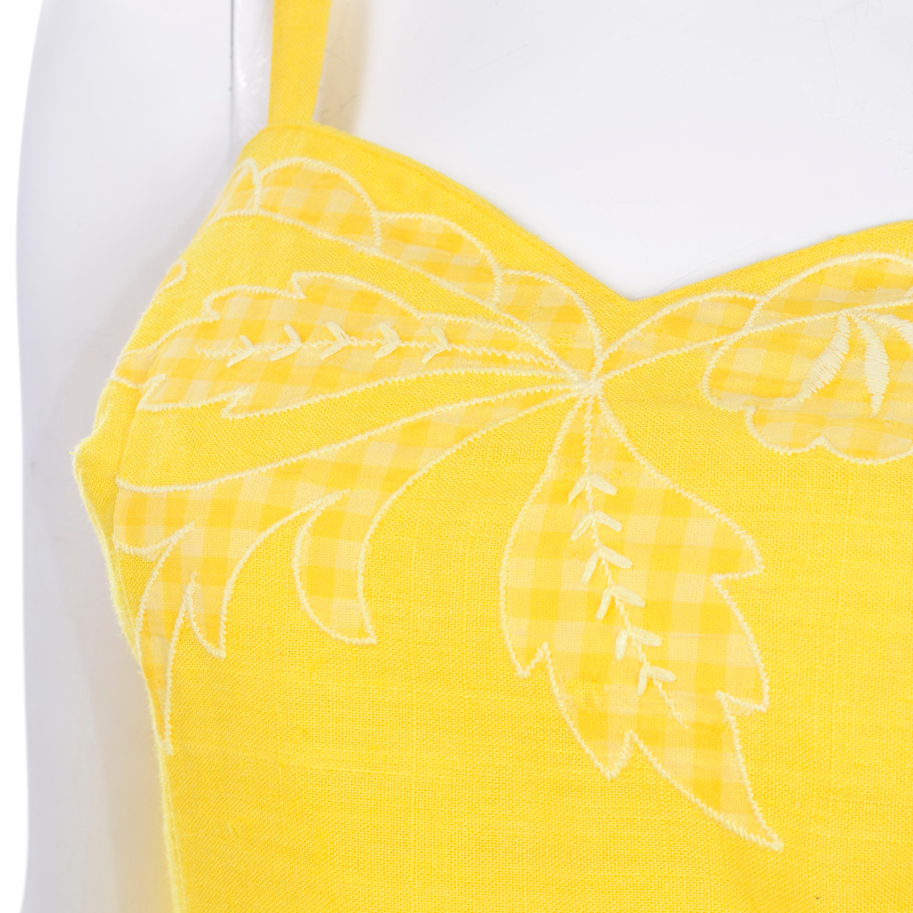Women's Unworn Yellow Vintage Tina Leser Gabar 1960s Swimsuit w Gingham & Embroidery