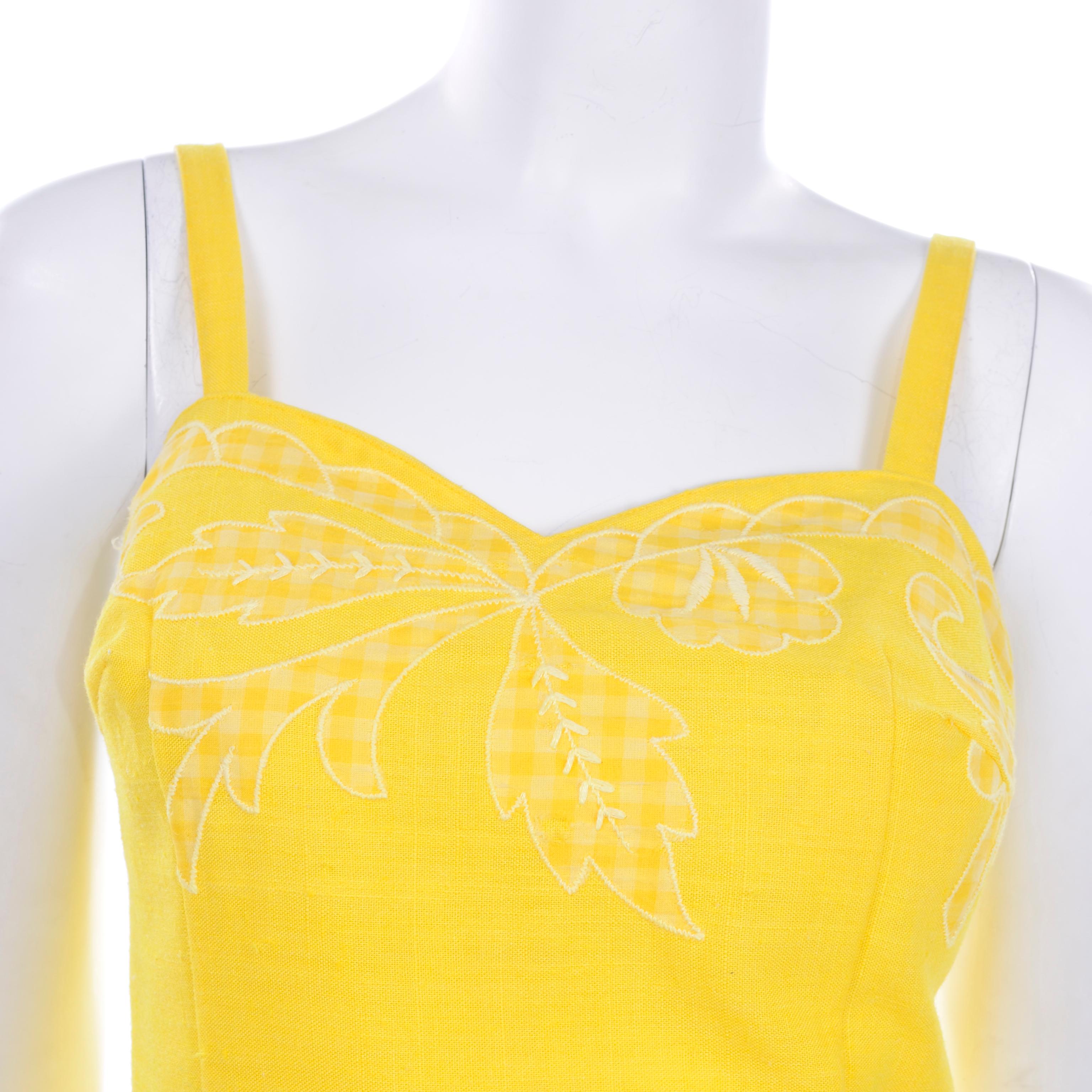 Unworn Yellow Vintage Tina Leser Gabar 1960s Swimsuit w Gingham & Embroidery 1