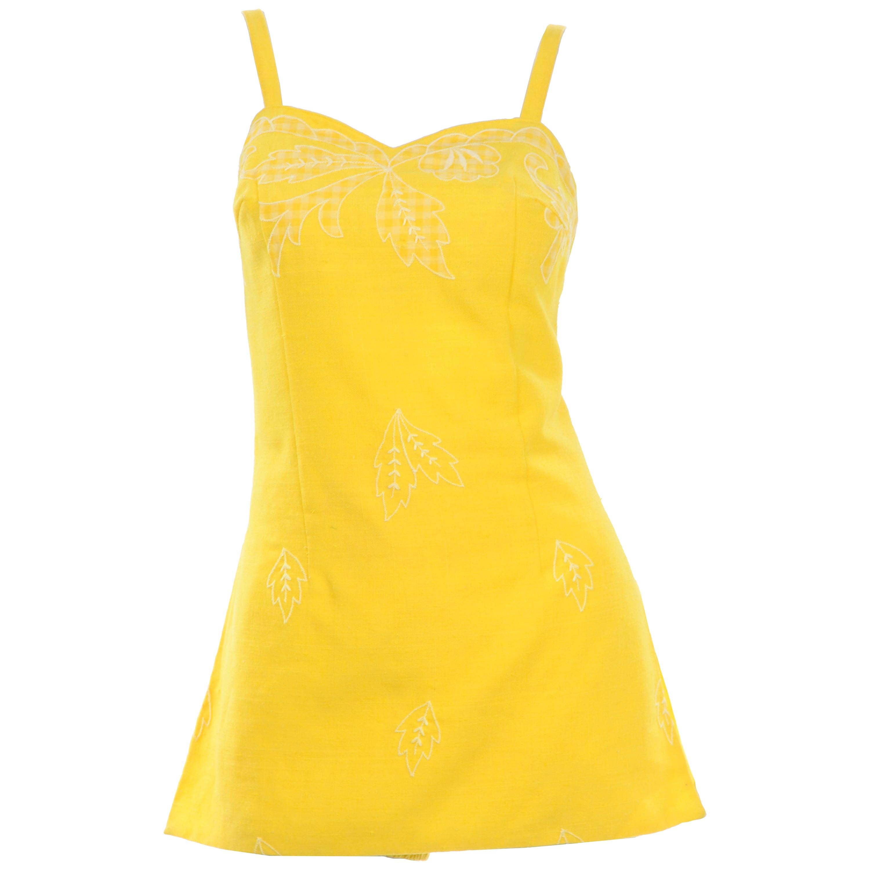 Unworn Yellow Vintage Tina Leser Gabar 1960s Swimsuit w Gingham & Embroidery