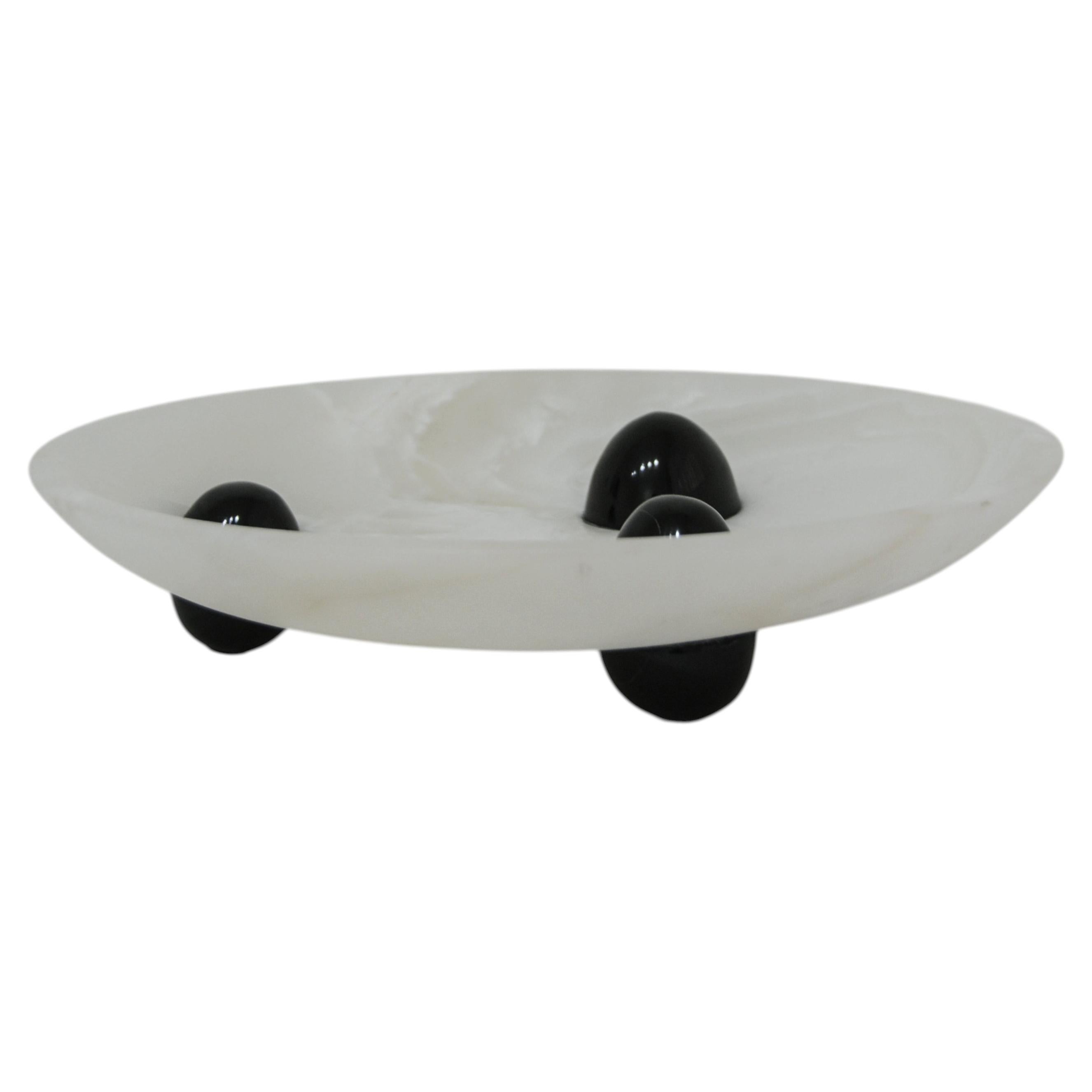 Decorative Bowl, Hand-Carved White Onyx & Black Marble, Post-Modern, Panorammma