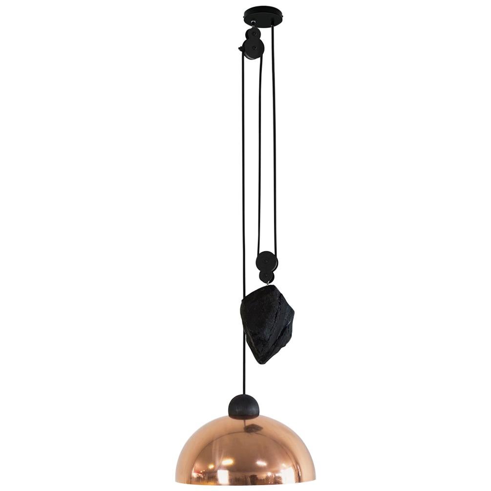Up-Down Pendant, Height Adjustable Light, Copper Shade, Obsidian Glass