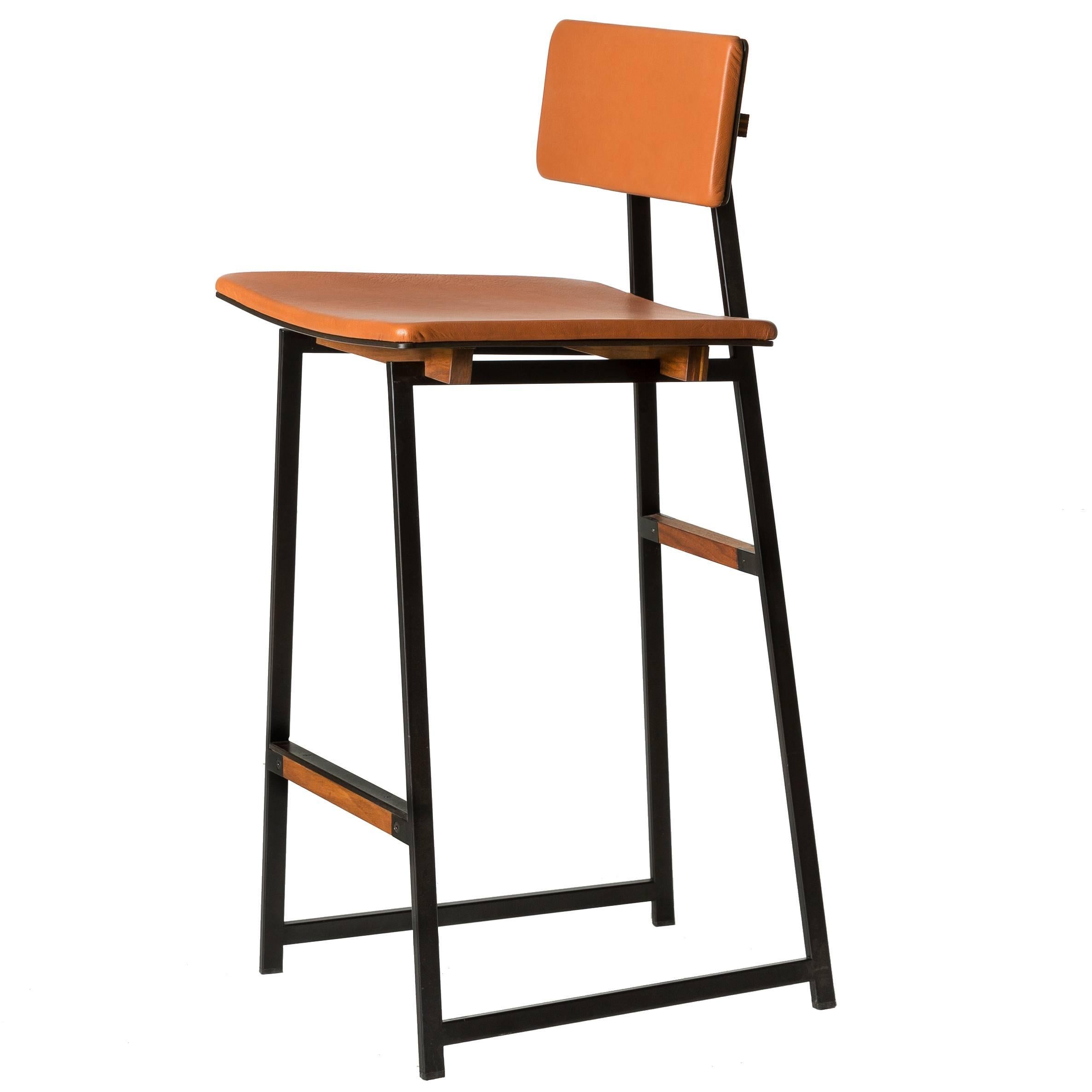 Up Tea Stool in leather, American hardwood and steel For Sale