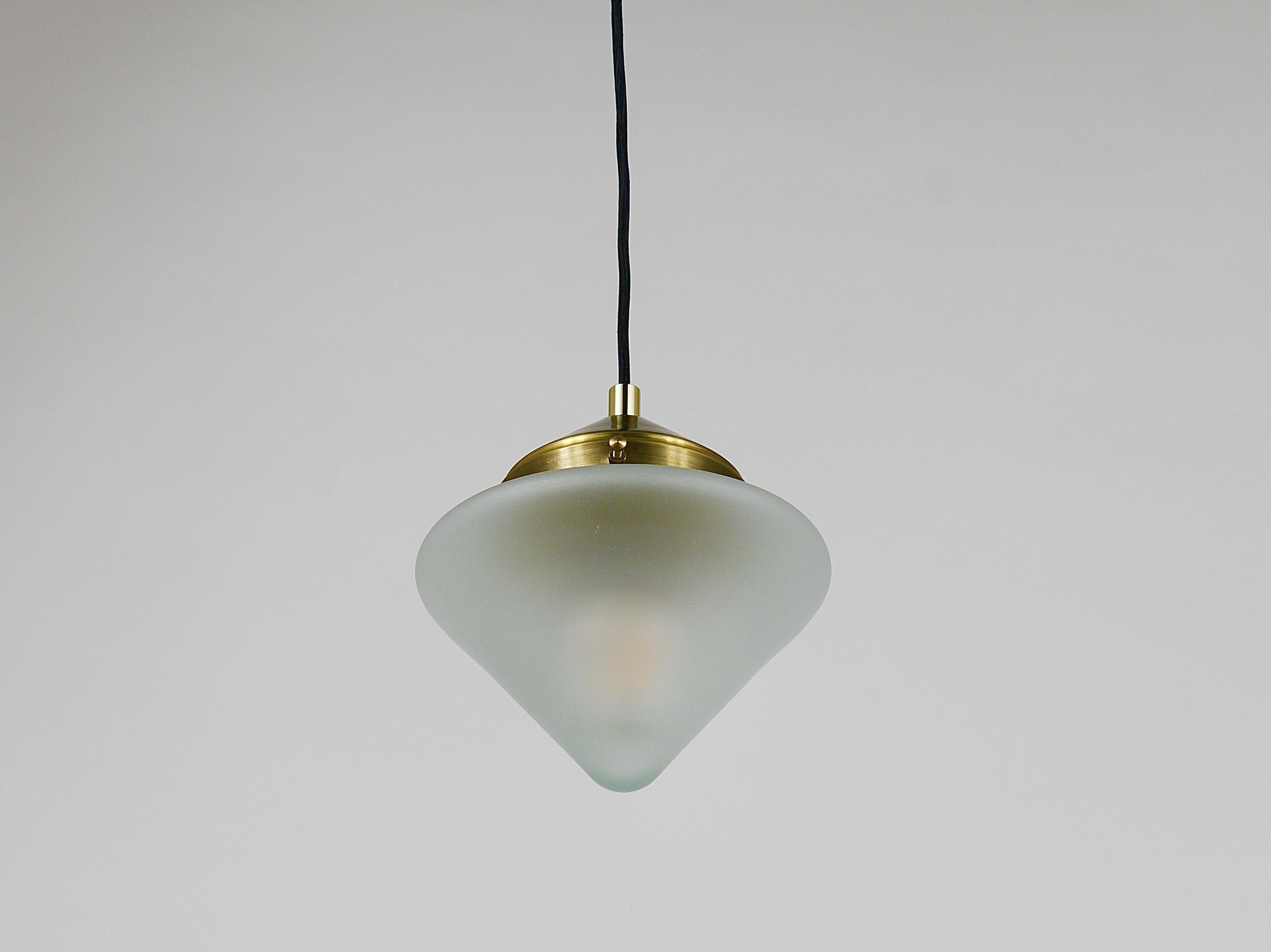 Up to 10 Art Deco Brass Pendant Lights with Conical Glass Shades, Vienna 1930s For Sale 6