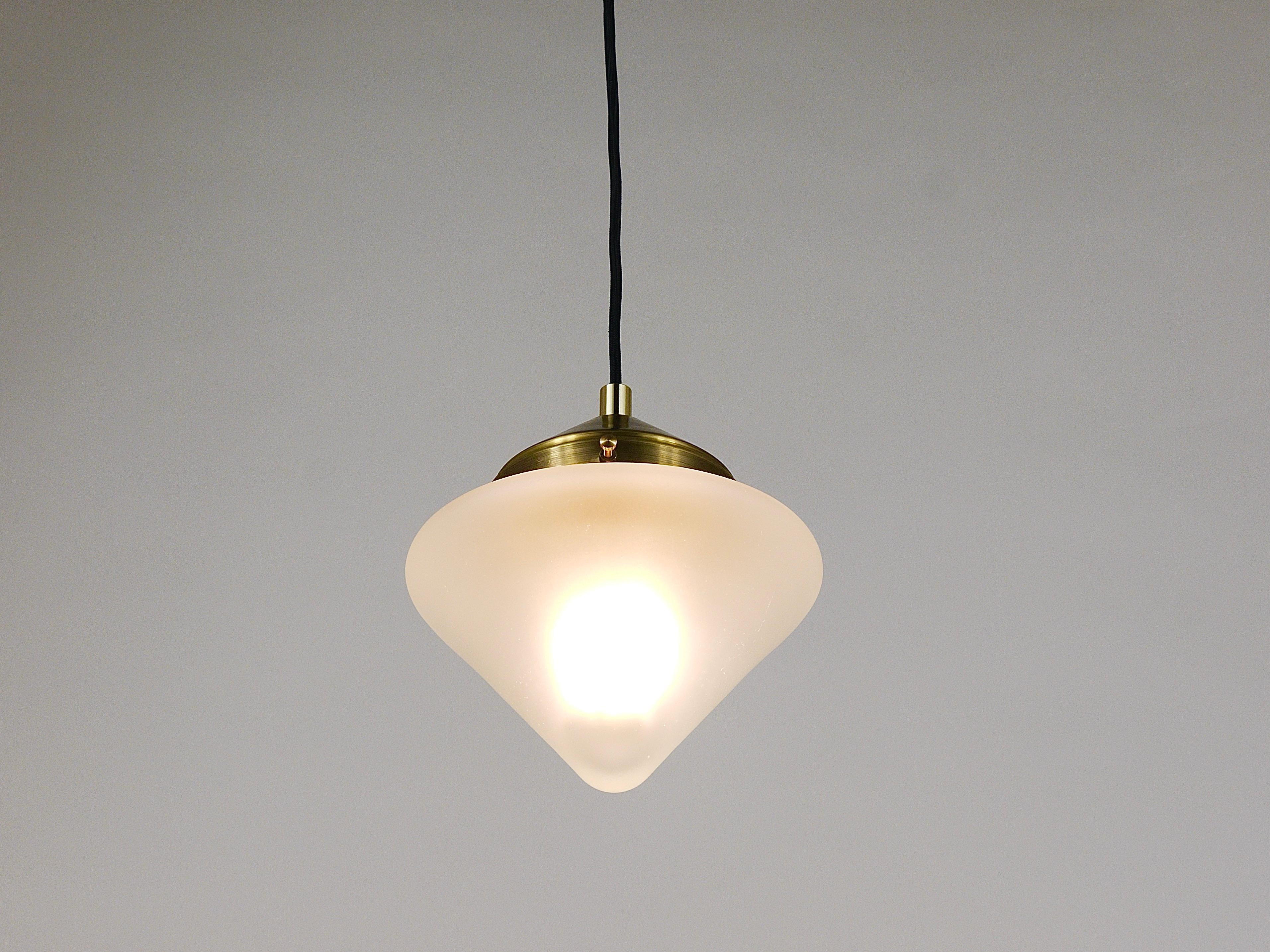 Up to 10 Art Deco Brass Pendant Lights with Conical Glass Shades, Vienna 1930s For Sale 7
