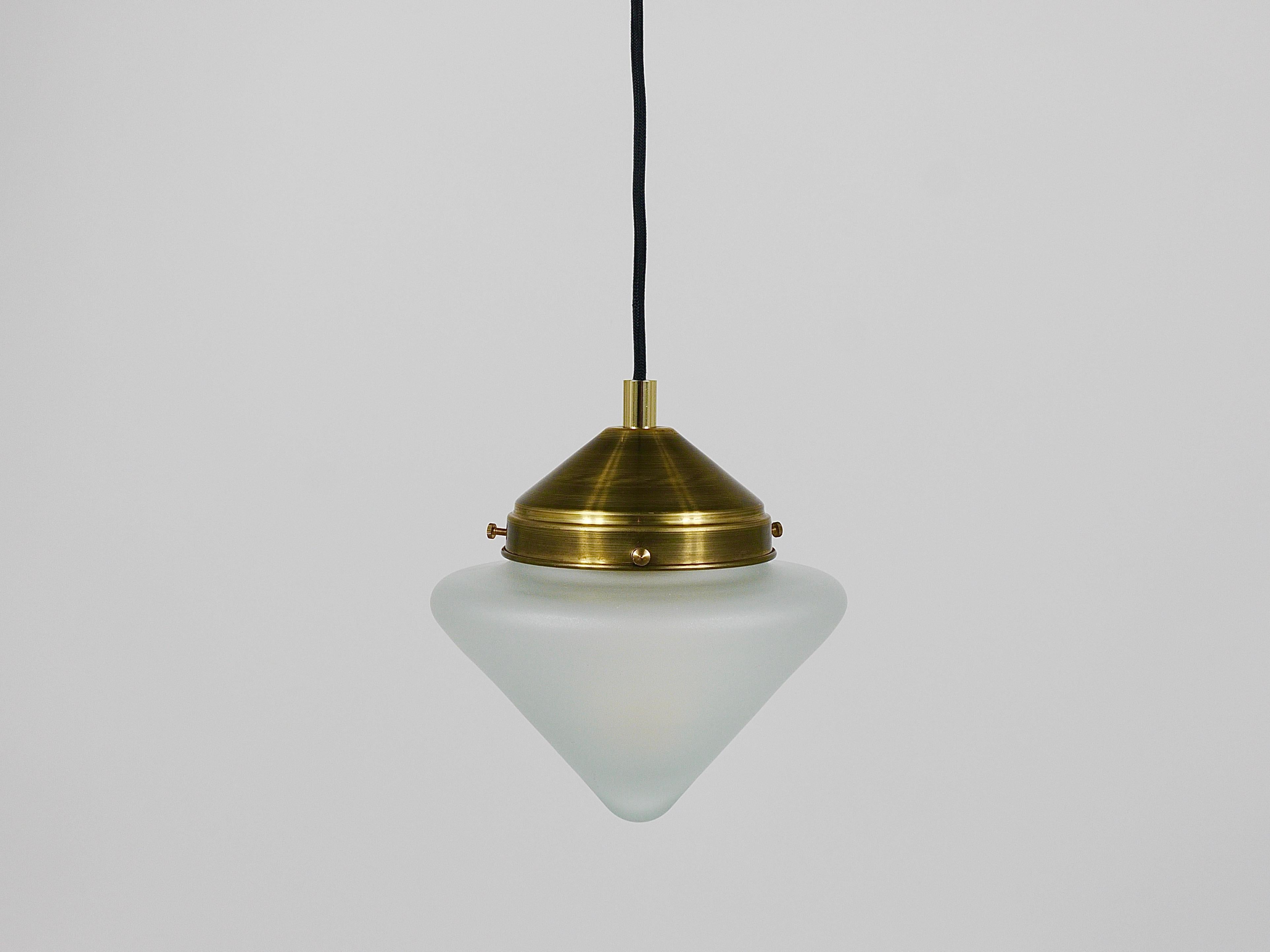 Mid-20th Century Up to 10 Art Deco Brass Pendant Lights with Conical Glass Shades, Vienna 1930s For Sale