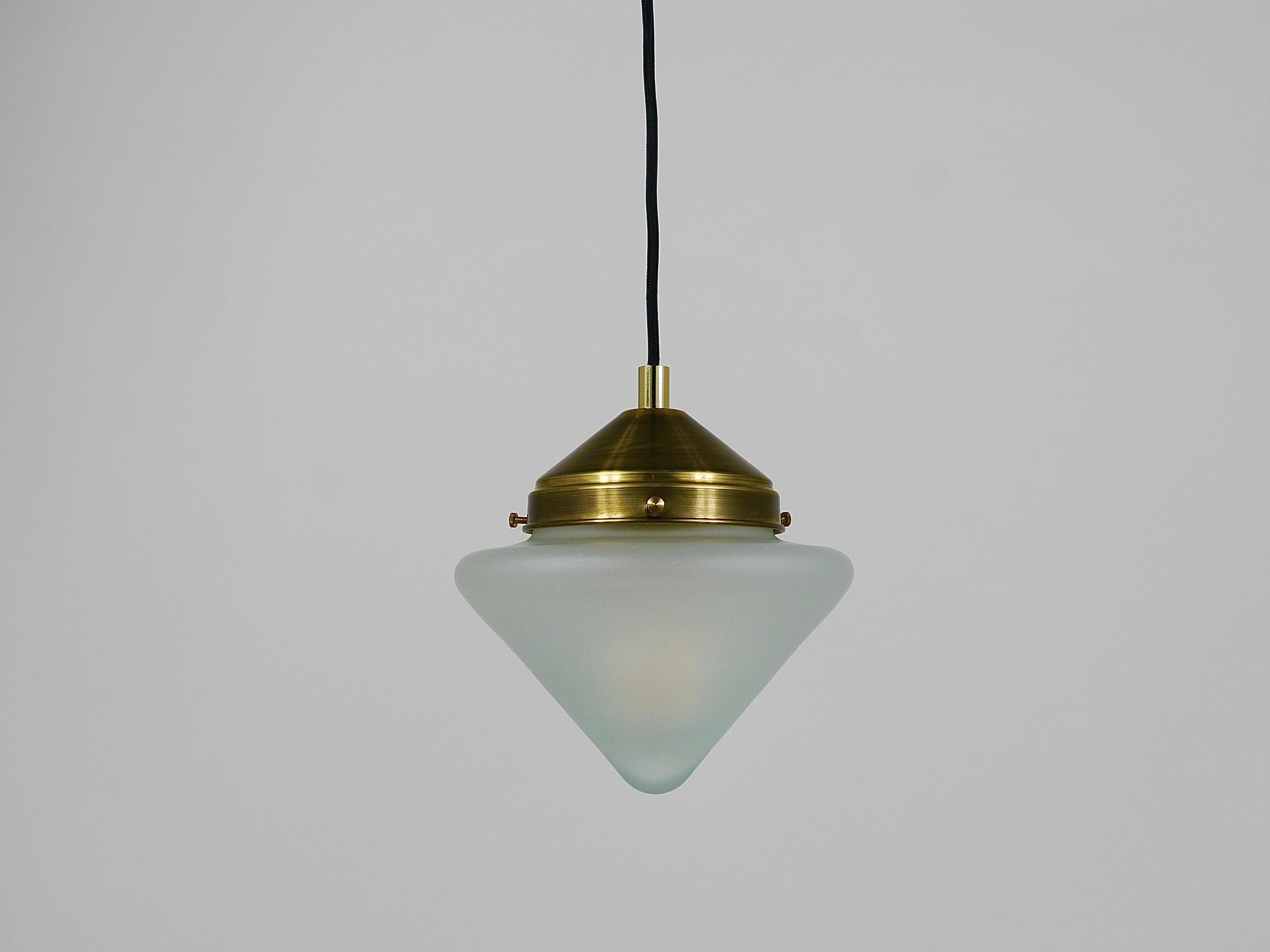 Up to 10 Art Deco Brass Pendant Lights with Conical Glass Shades, Vienna 1930s For Sale 1