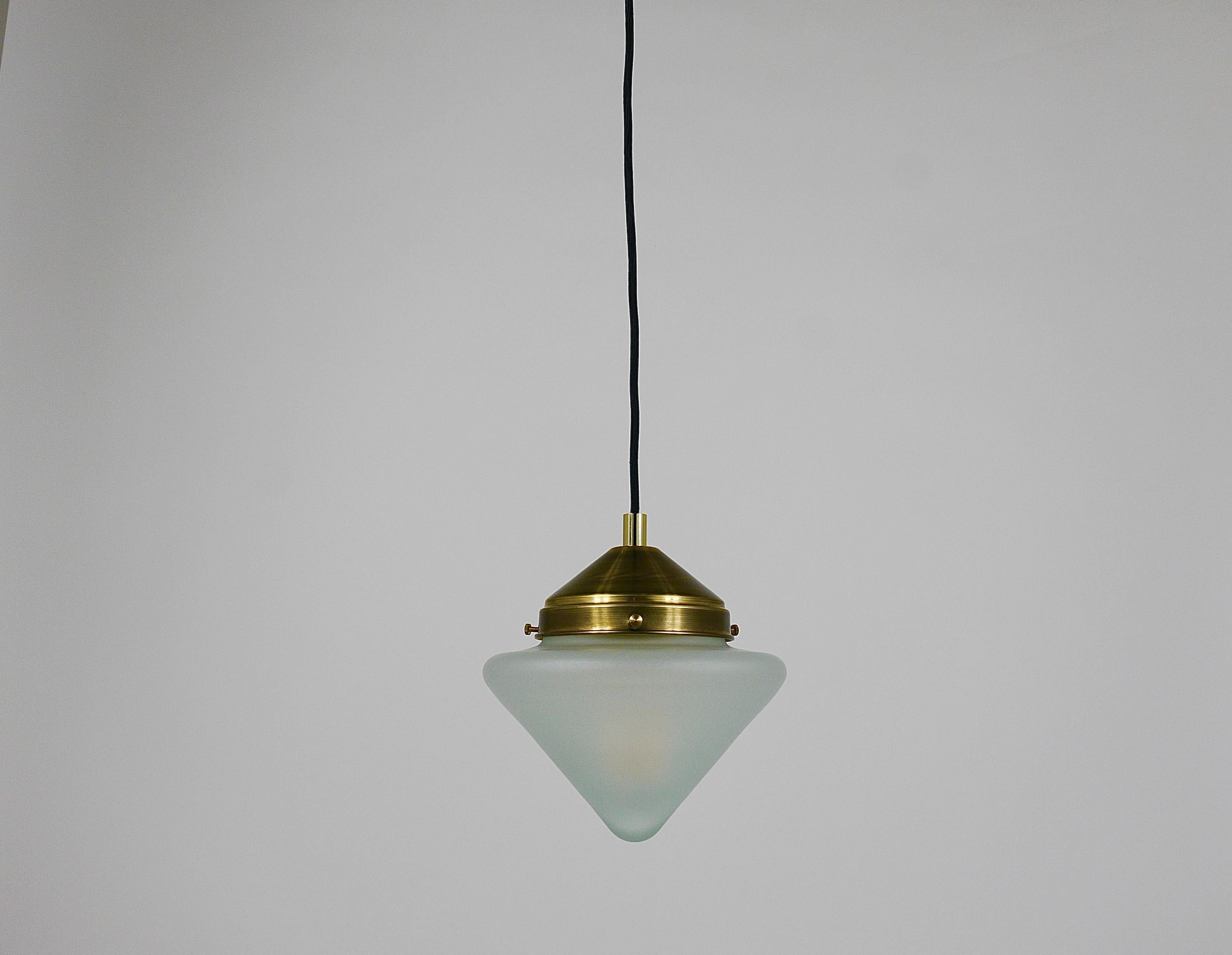 Up to 10 Art Deco Brass Pendant Lights with Conical Glass Shades, Vienna 1930s For Sale 2