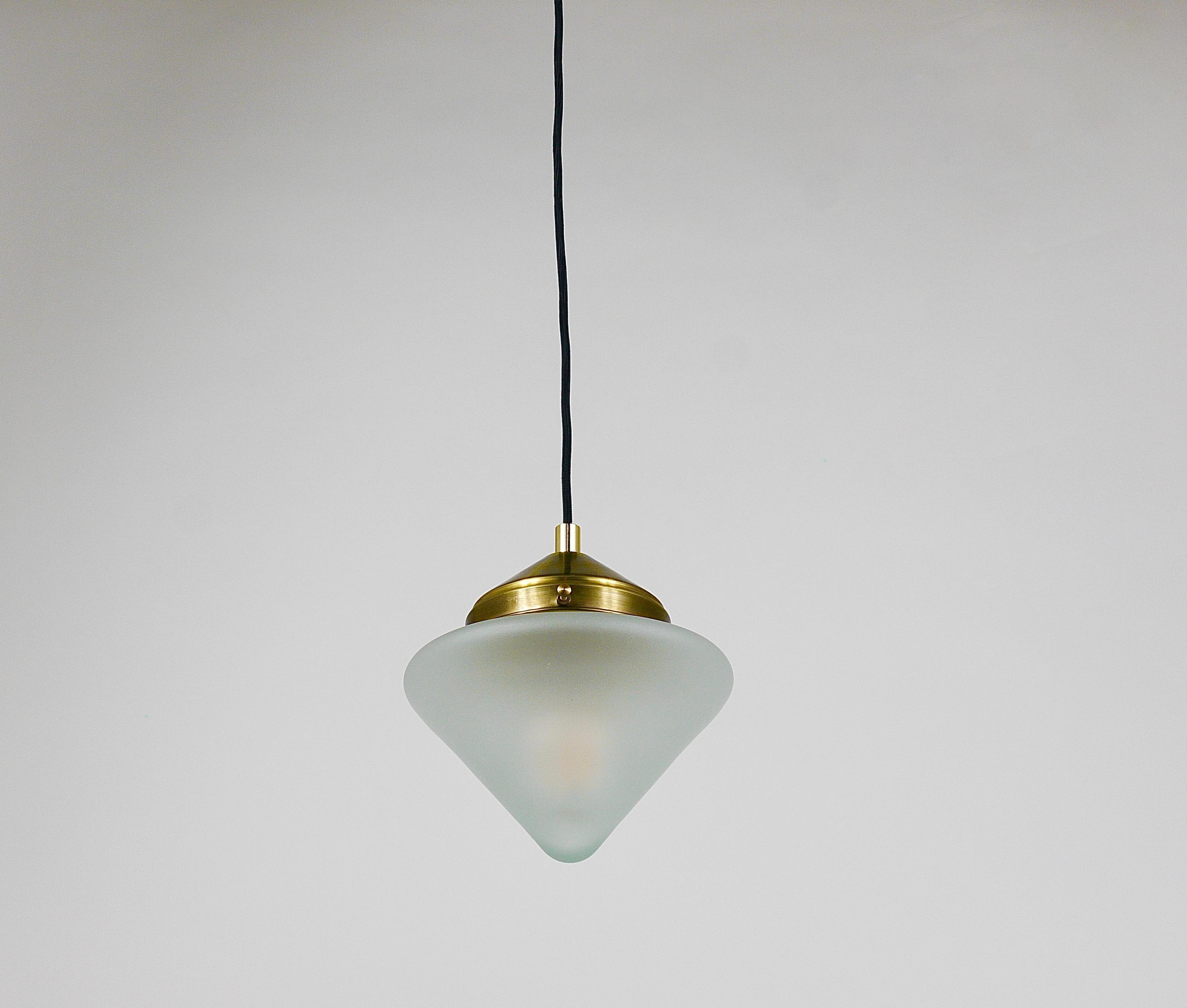 Up to 10 Art Deco Brass Pendant Lights with Conical Glass Shades, Vienna 1930s For Sale 4