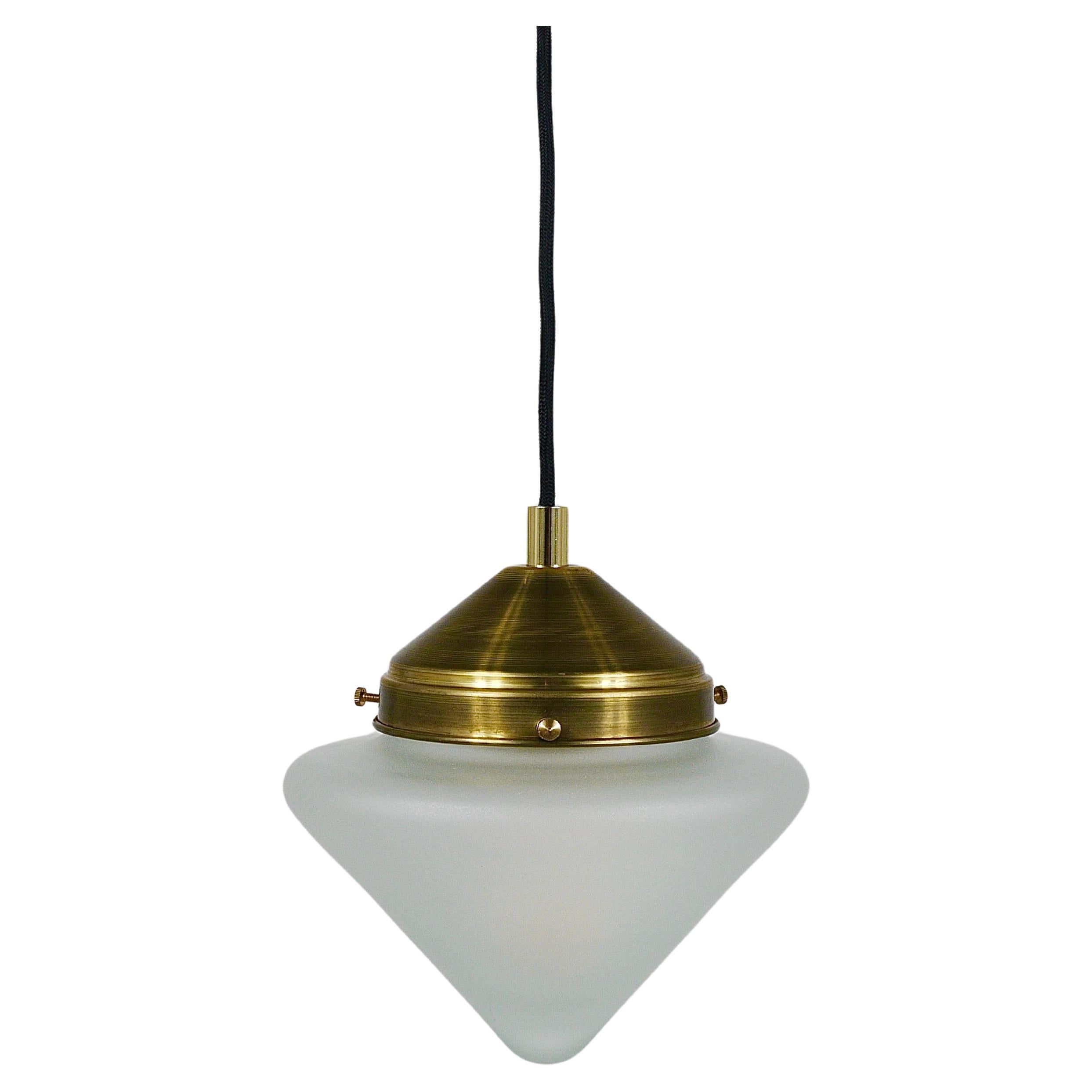 Up to 10 Art Deco Brass Pendant Lights with Conical Glass Shades, Vienna 1930s For Sale