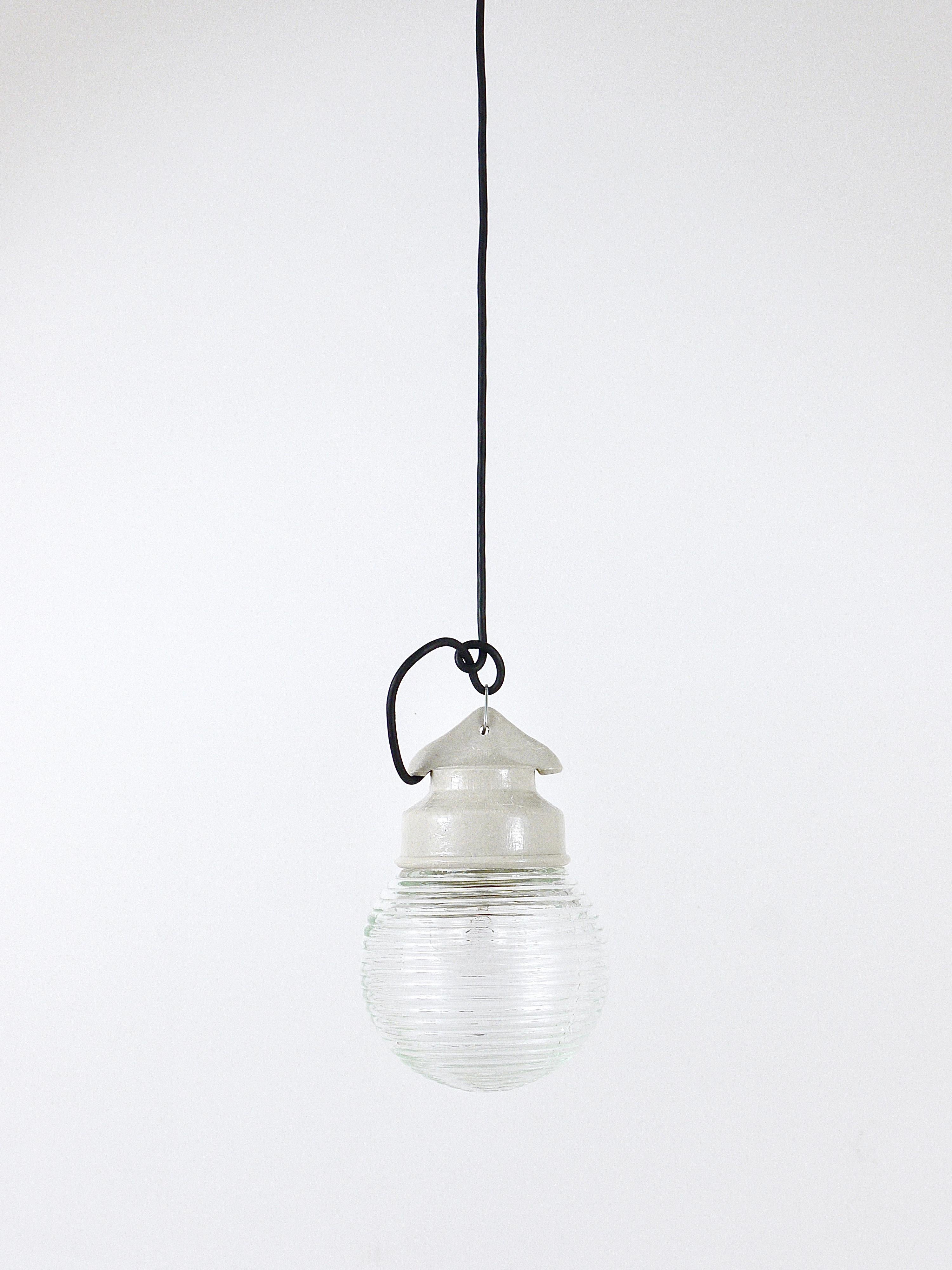 Up to 6 of these beautiful Holophane Industrial pendant lights / hanging lamps. Unused, in excellent 