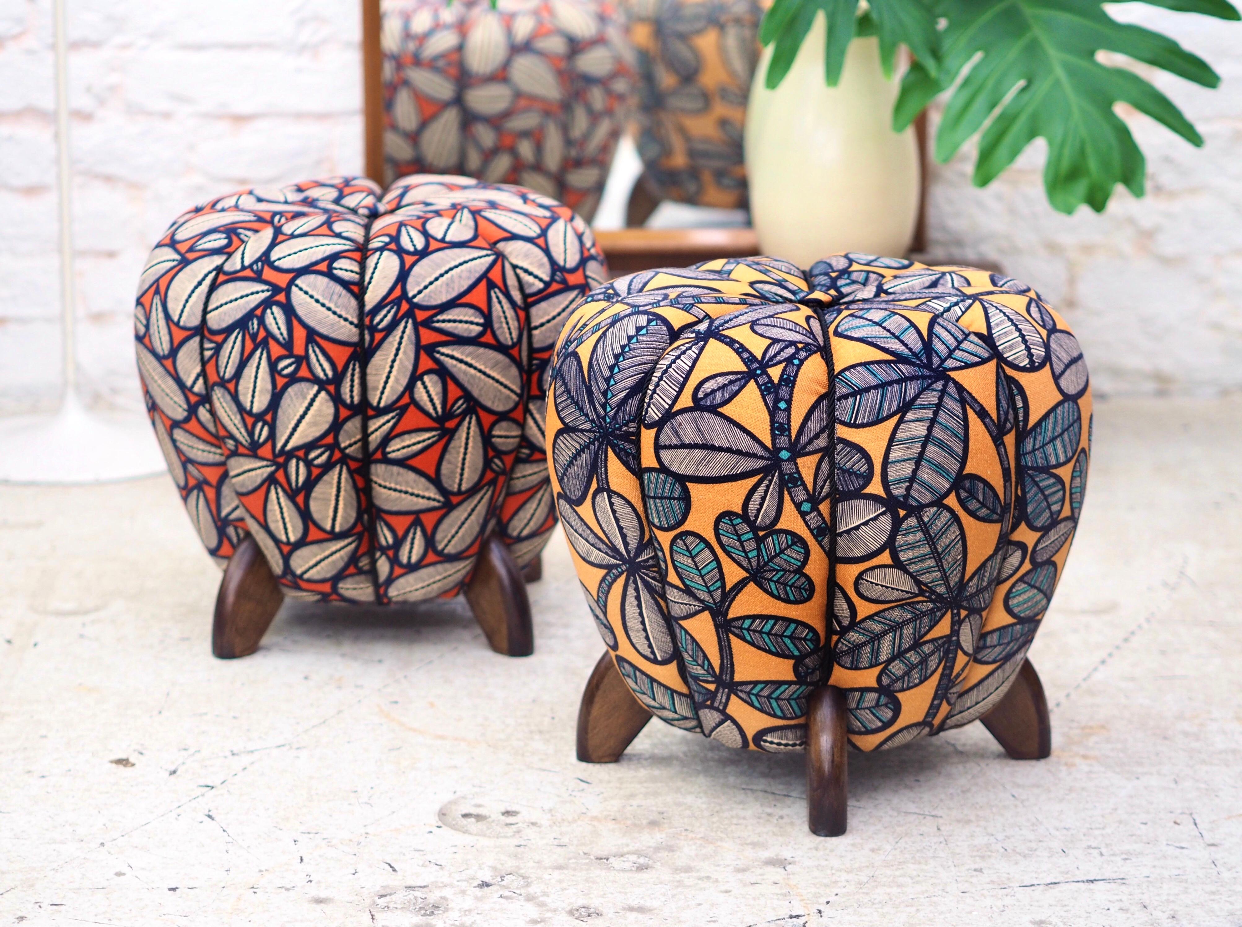 Actually 3 poufs available!  Up to three beautiful Art Deco tabouret or stools / foot stools from the 1930s. Designed by Jindrich Halabala for UP Zavody, former Czechoslovakia. Amazing round shape with four darkbrown wooden legs, restored and