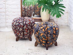 Up to 3 Art Deco Jindrich Halabala Stool, Leaf Pattern, Pouf, Ottoman, 1930s