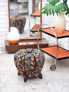 Up to 3 Art Deco Jindrich Halabala Stool, Leaf Pattern, Pouf, Ottoman, 1930s