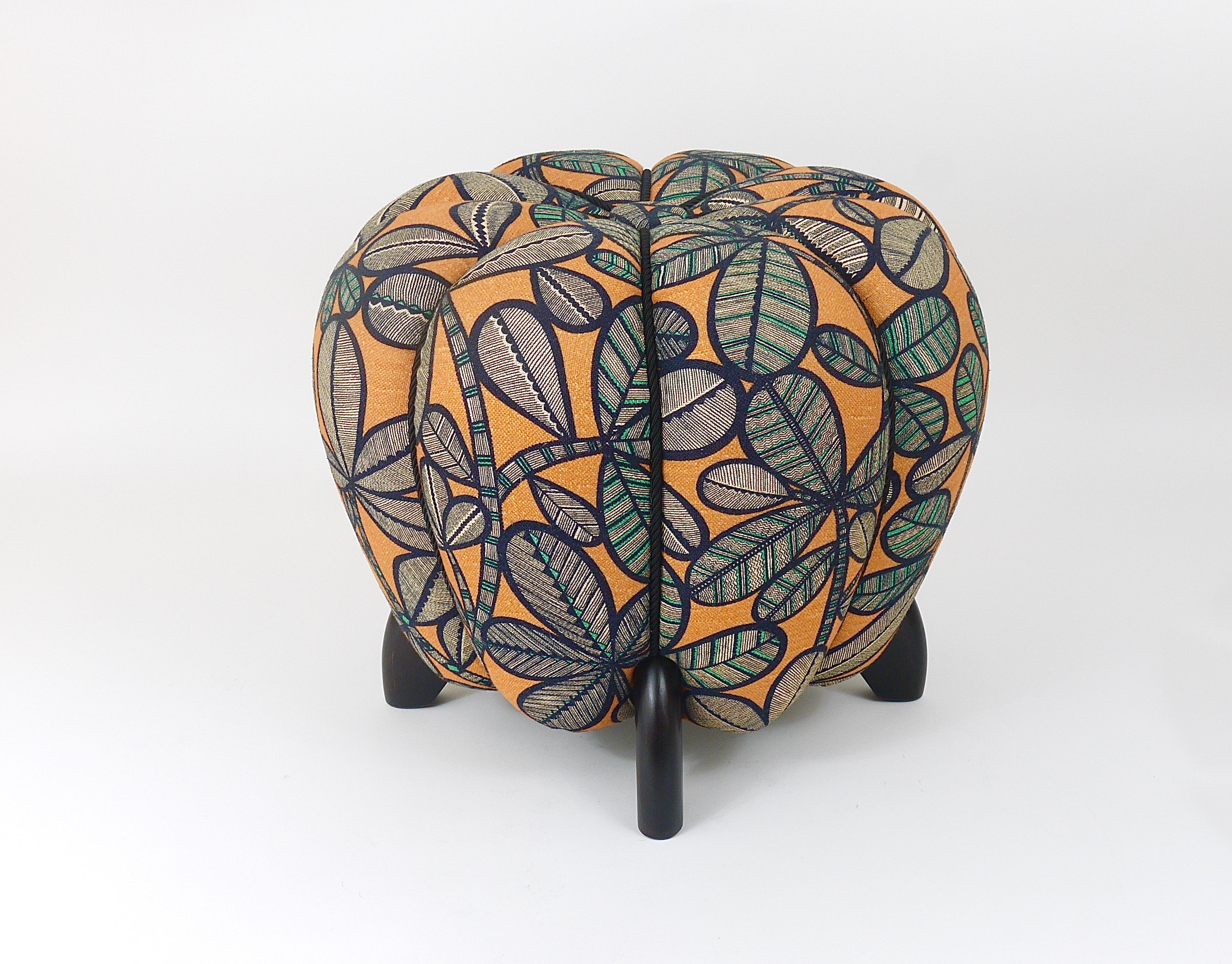 Fabric Up to 3 Art Deco Jindrich Halabala Stool, Leaf Pattern, Pouf, Ottoman, 1930s For Sale
