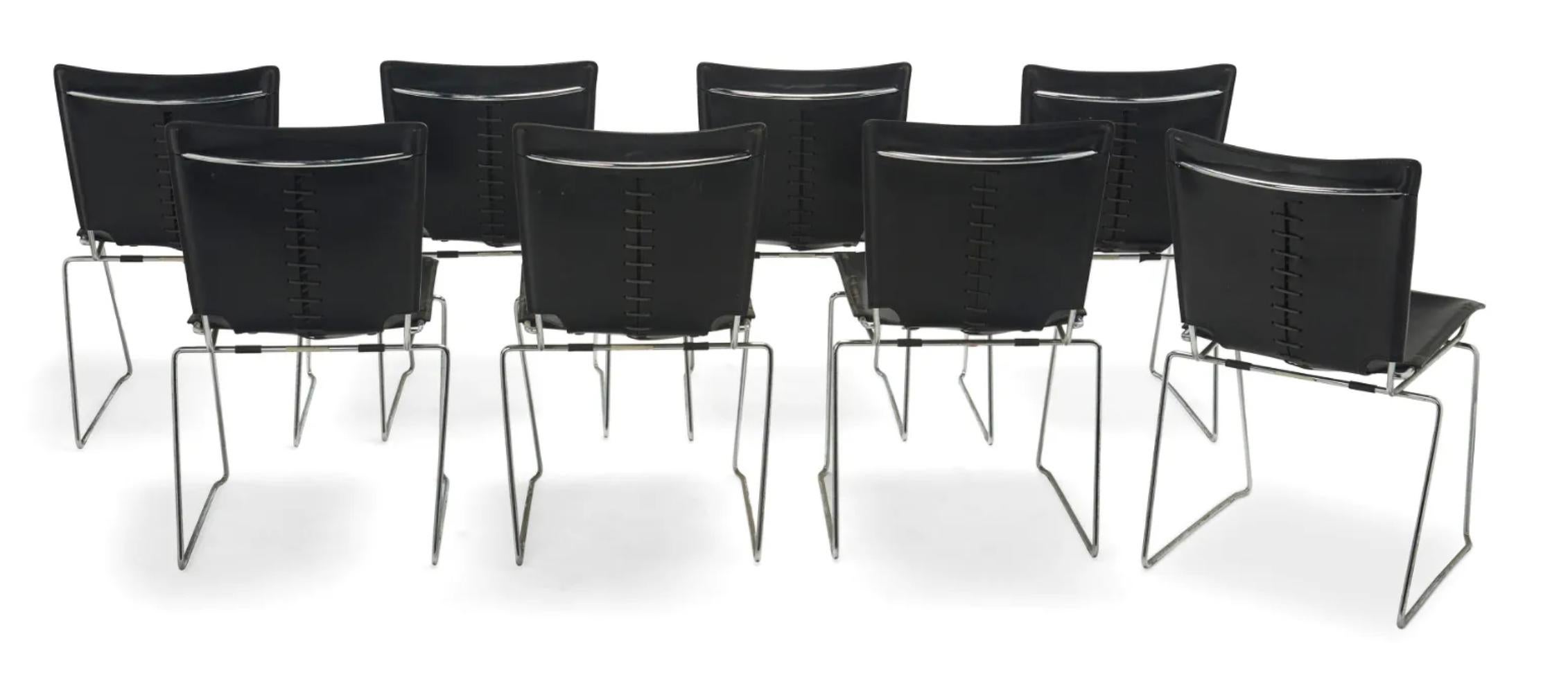 Incredible set of 8 stackable chairs by ICF (sold separately) . Designed by Toyoda Hiroyuki. Thick black leather covering a heavily chromed base. Wonderful details of stitched and laced leather. These can easily be stacked in groups of 4-5 . Perfect
