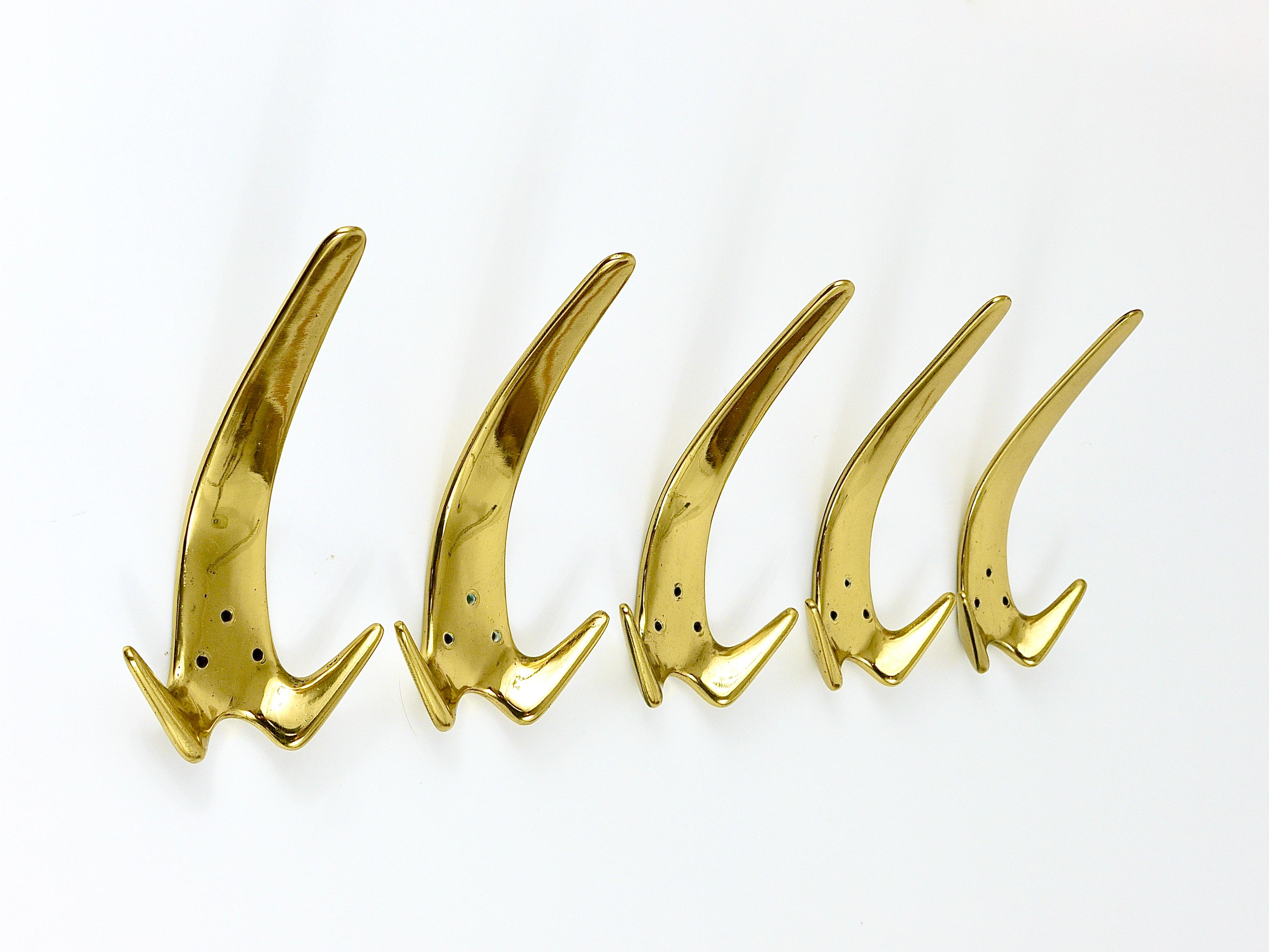 Up to Five Carl Aubock Large Brass Double Wall Coat Hooks #4056, Austria, 1950s For Sale 4