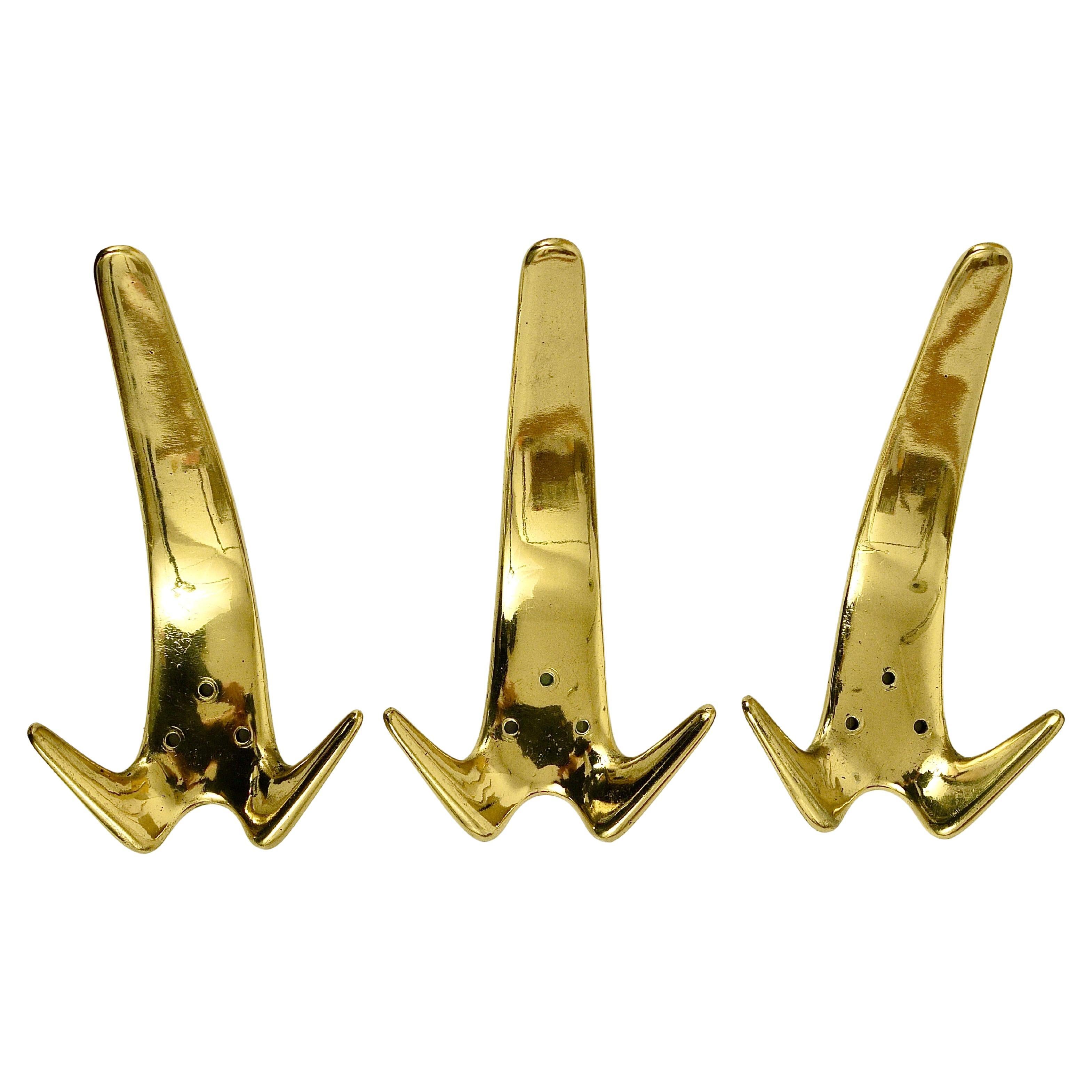 Five Carl Aubock Large Vintage Brass Wall Coat Hooks #4056, Austria, 1950s
