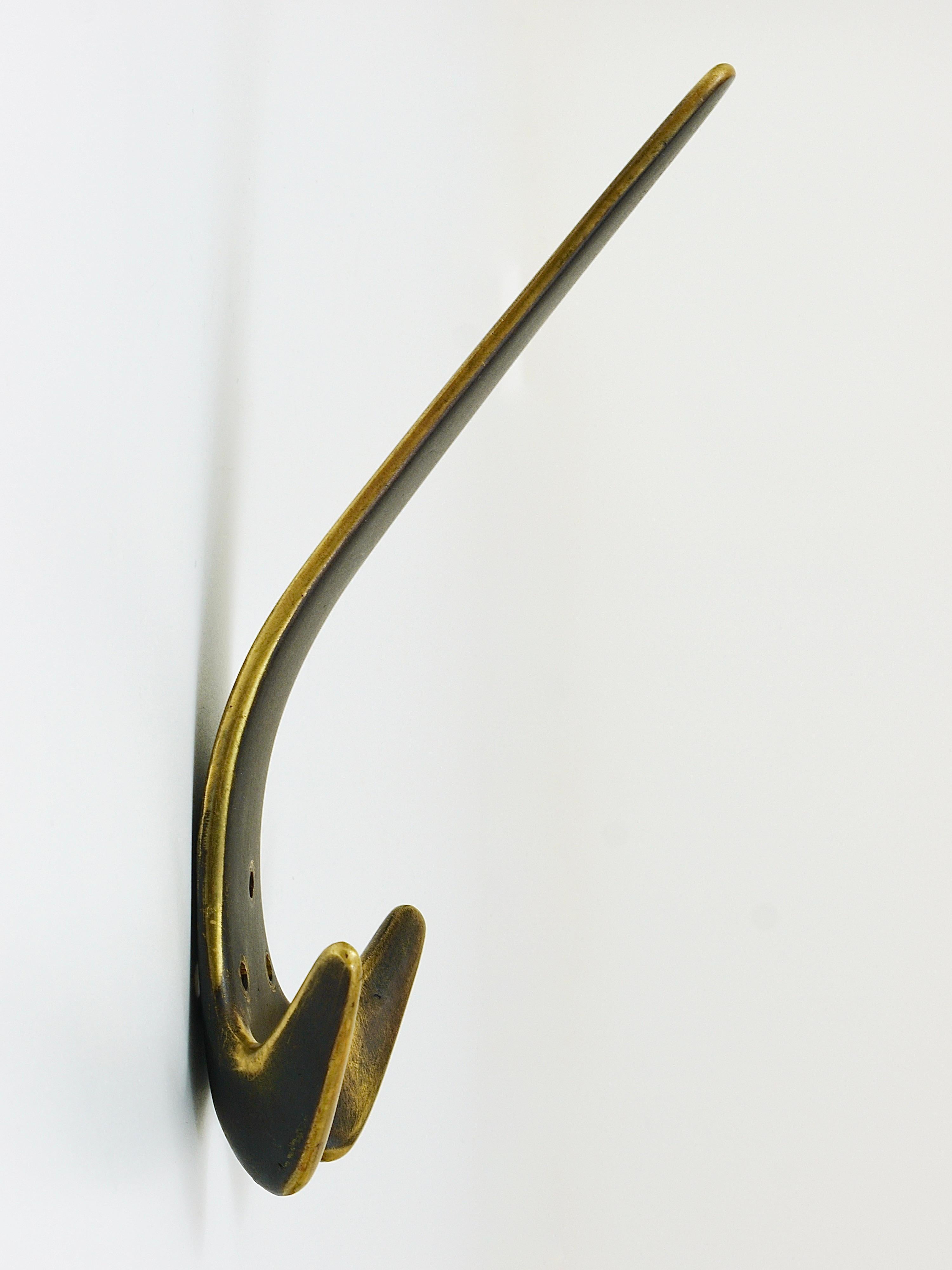 Mid-Century Modern Two Carl Aubock Large Brass Double Wall Coat Hooks #4056, Austria, 1950s