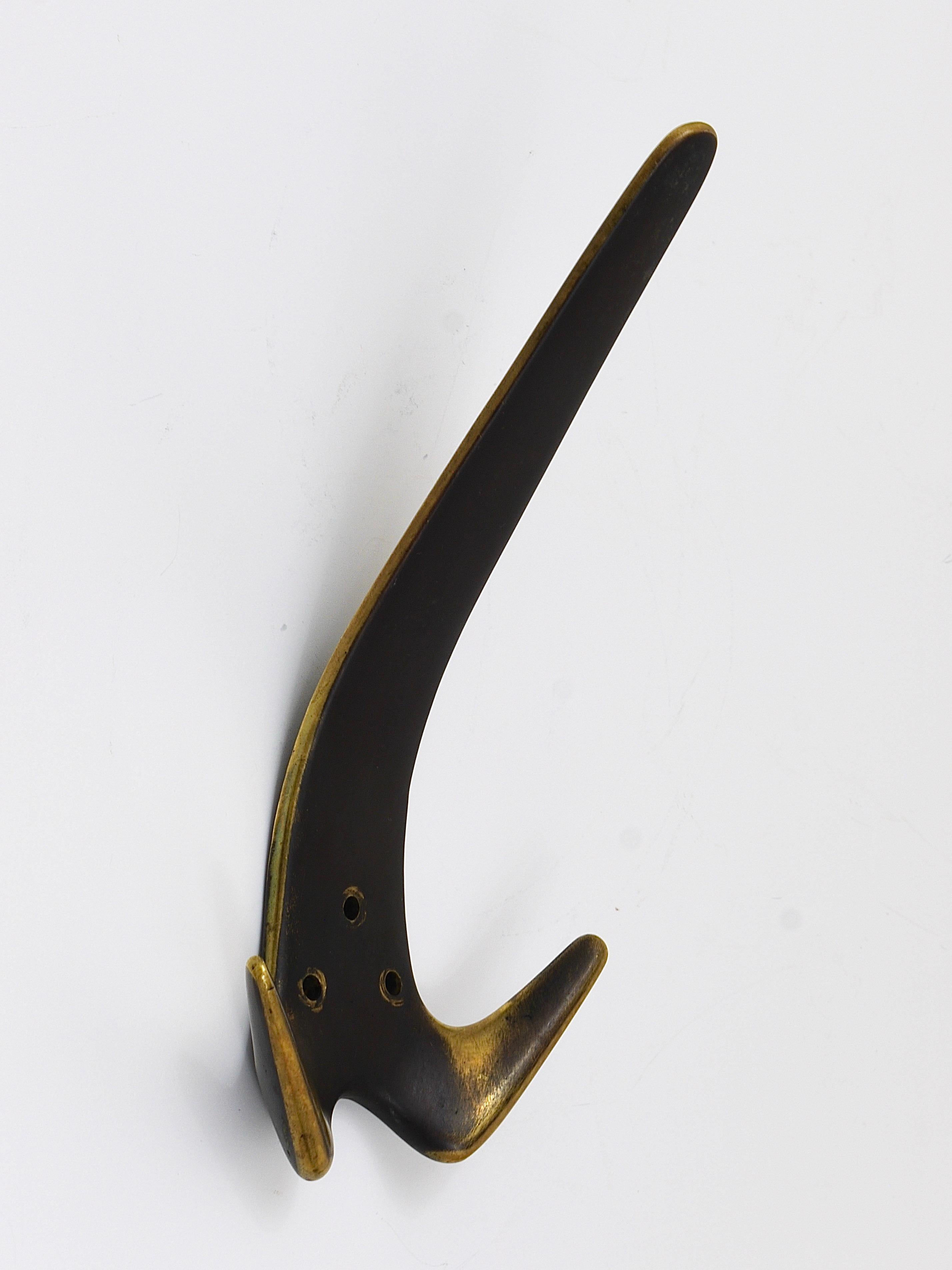 Patinated Two Carl Aubock Large Brass Double Wall Coat Hooks #4056, Austria, 1950s For Sale
