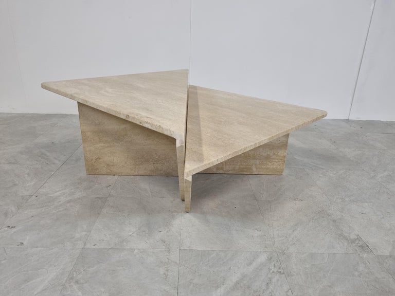 Up and Up Travertine Triangular Coffee Tables, 1970s at 1stDibs