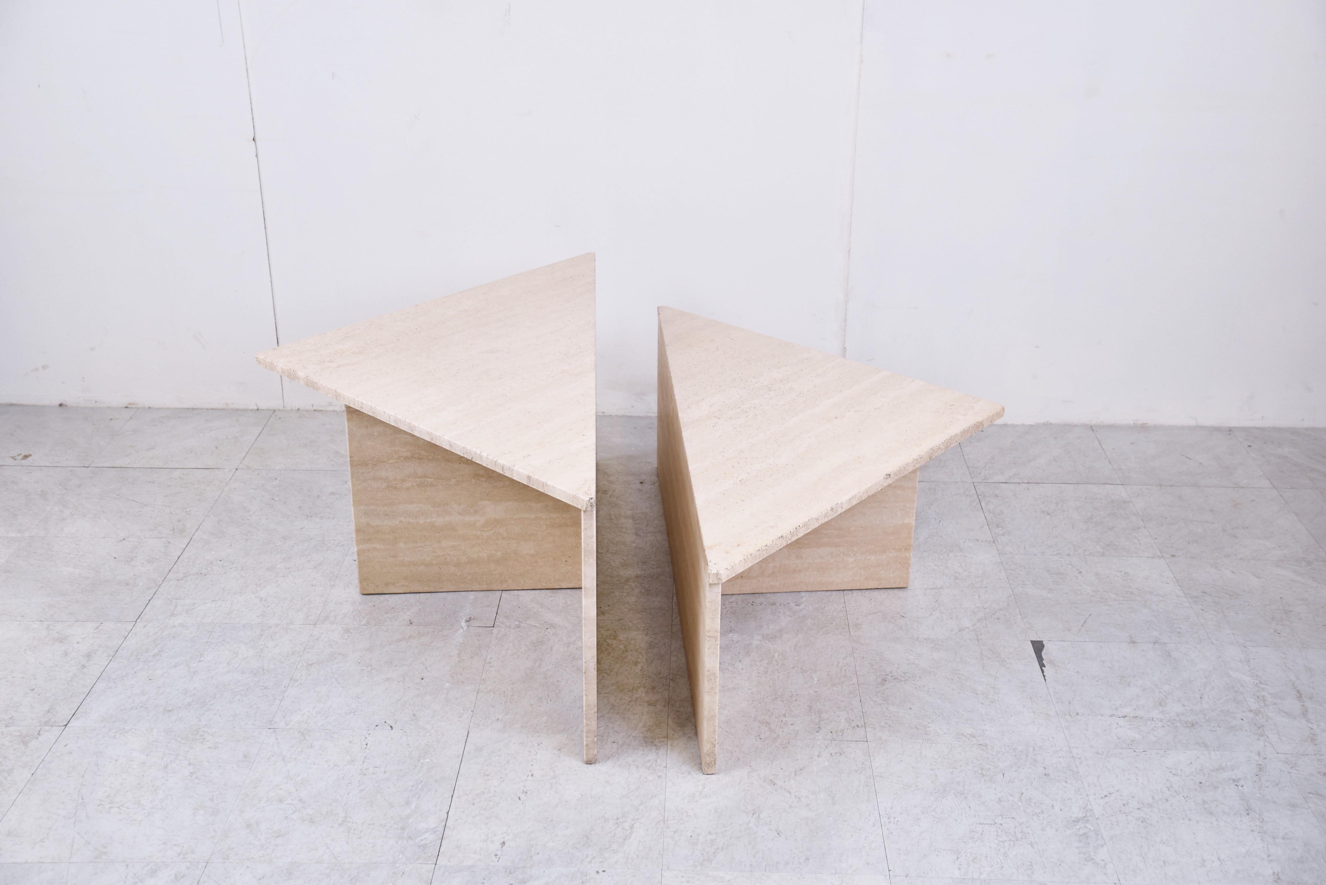 Mid-Century Modern Up & Up Travertine Triangular Coffee Tables, 1970s