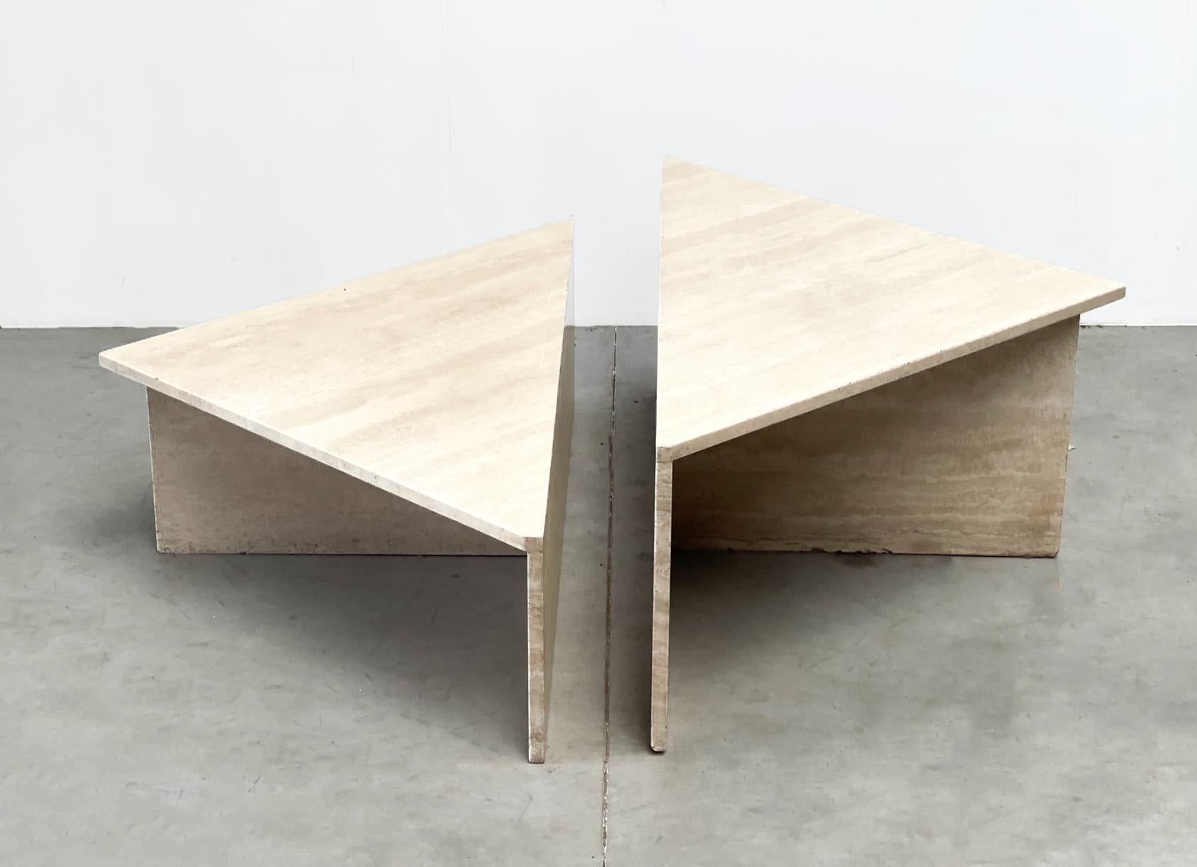 Mid-Century Modern Up & Up travertine triangular coffee tables, 1970s For Sale