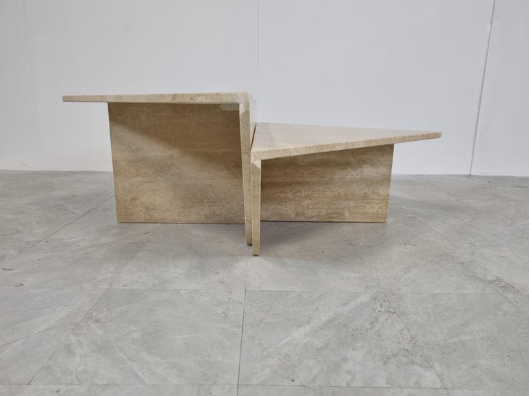 Up and Up Travertine Triangular Coffee Tables, 1970s at 1stDibs
