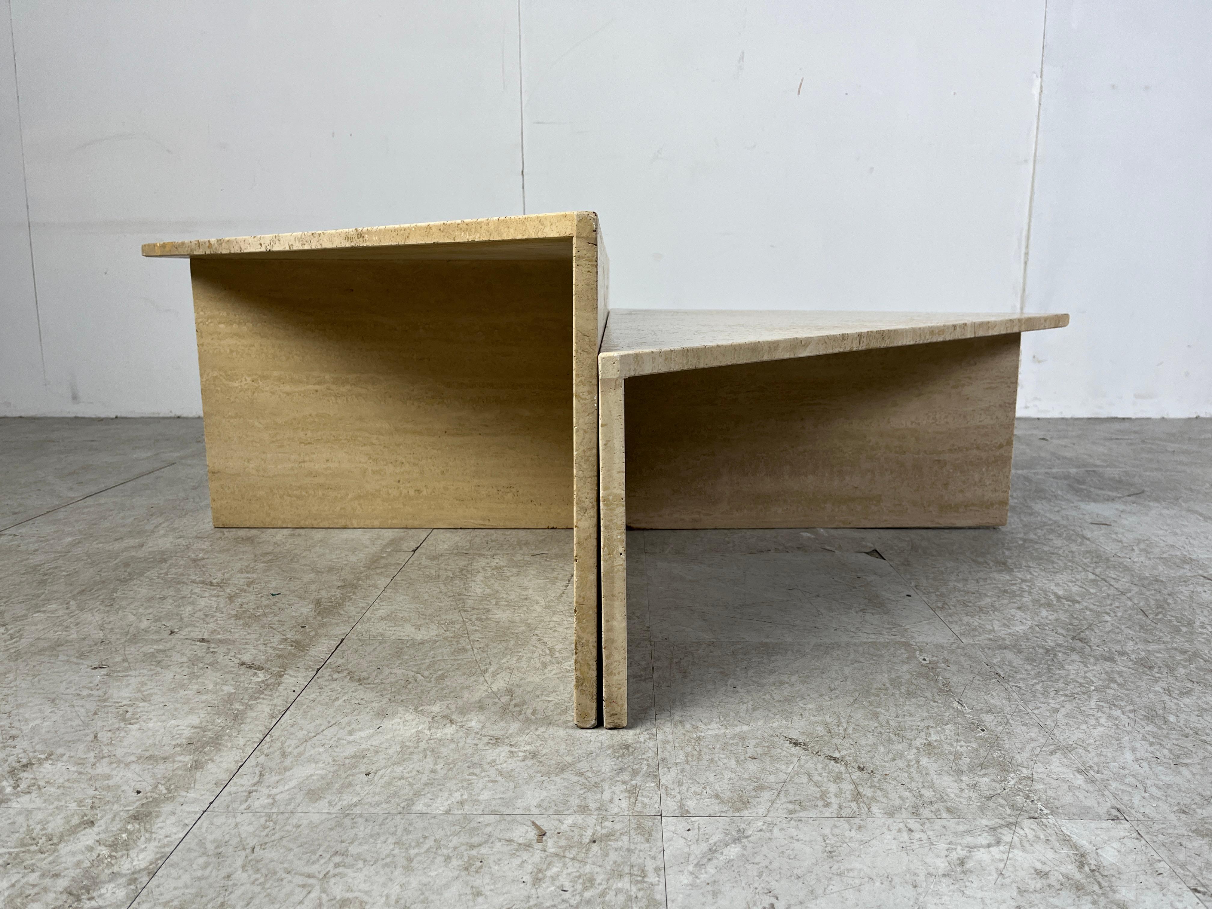 Mid-Century Modern Up & Up travertine triangular coffee tables, 1970s For Sale