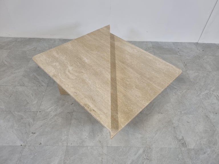 Up and Up Travertine Triangular Coffee Tables, 1970s at 1stDibs