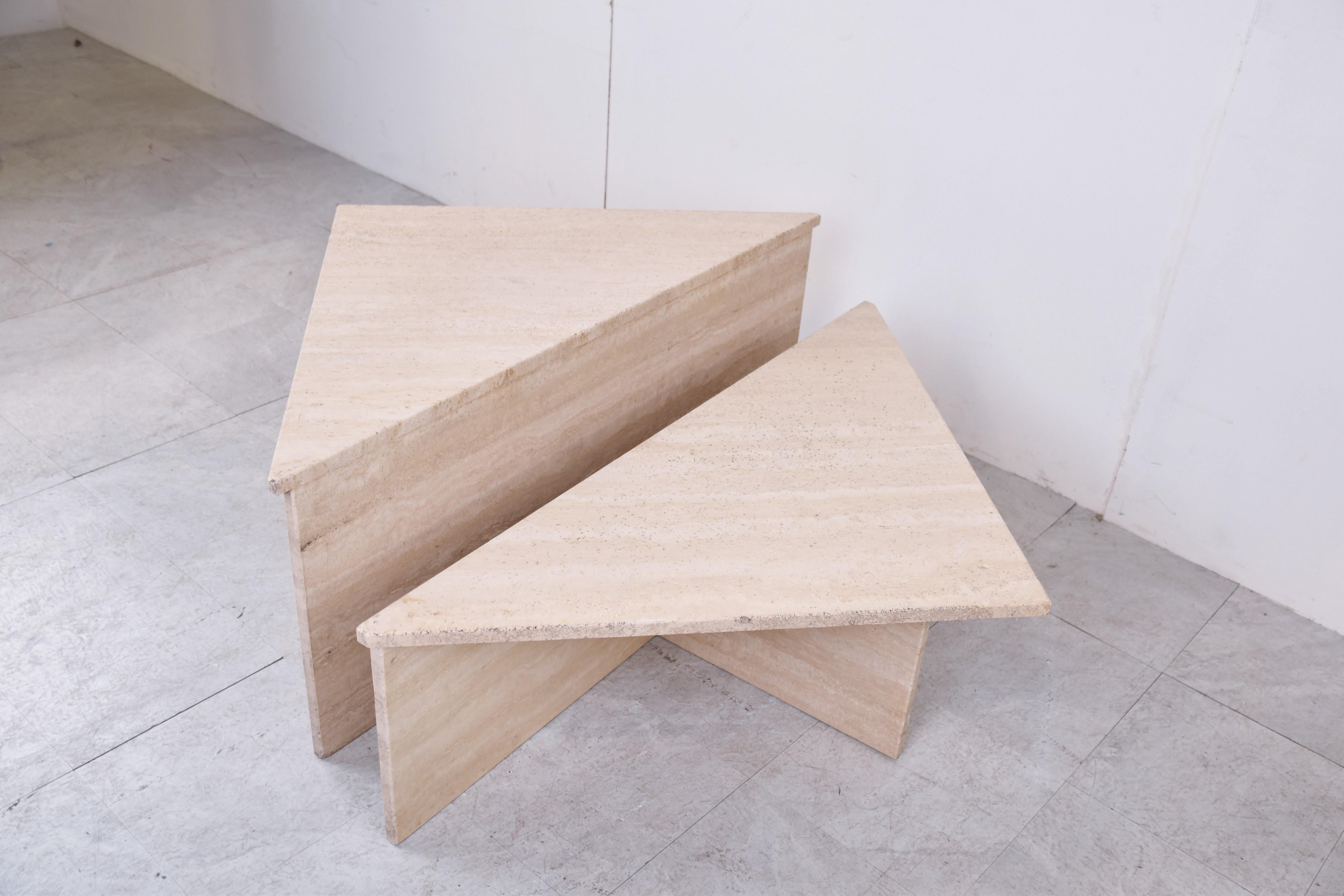 Up & Up Travertine Triangular Coffee Tables, 1970s In Good Condition In HEVERLEE, BE