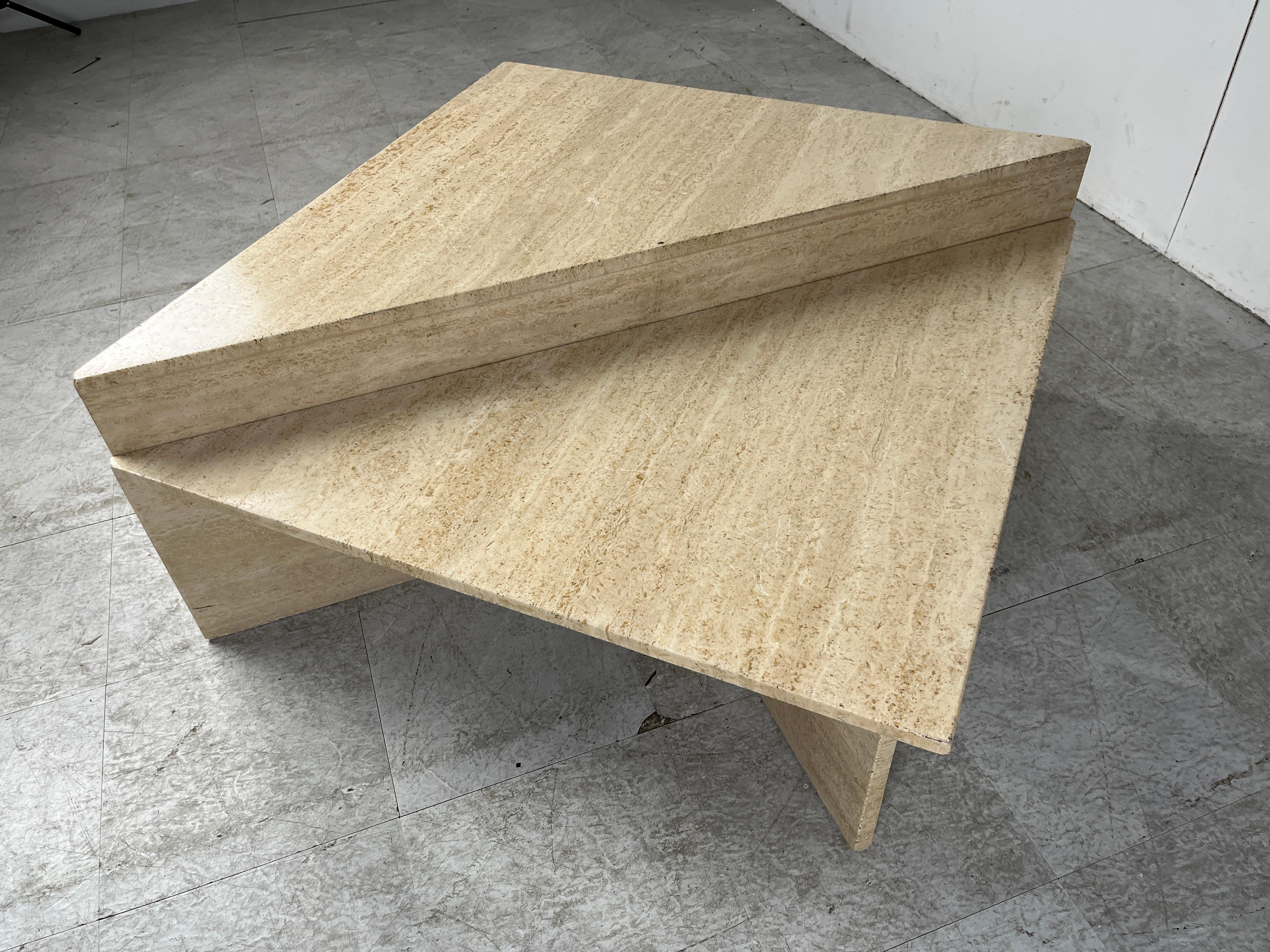 Italian Up & Up travertine triangular coffee tables, 1970s For Sale