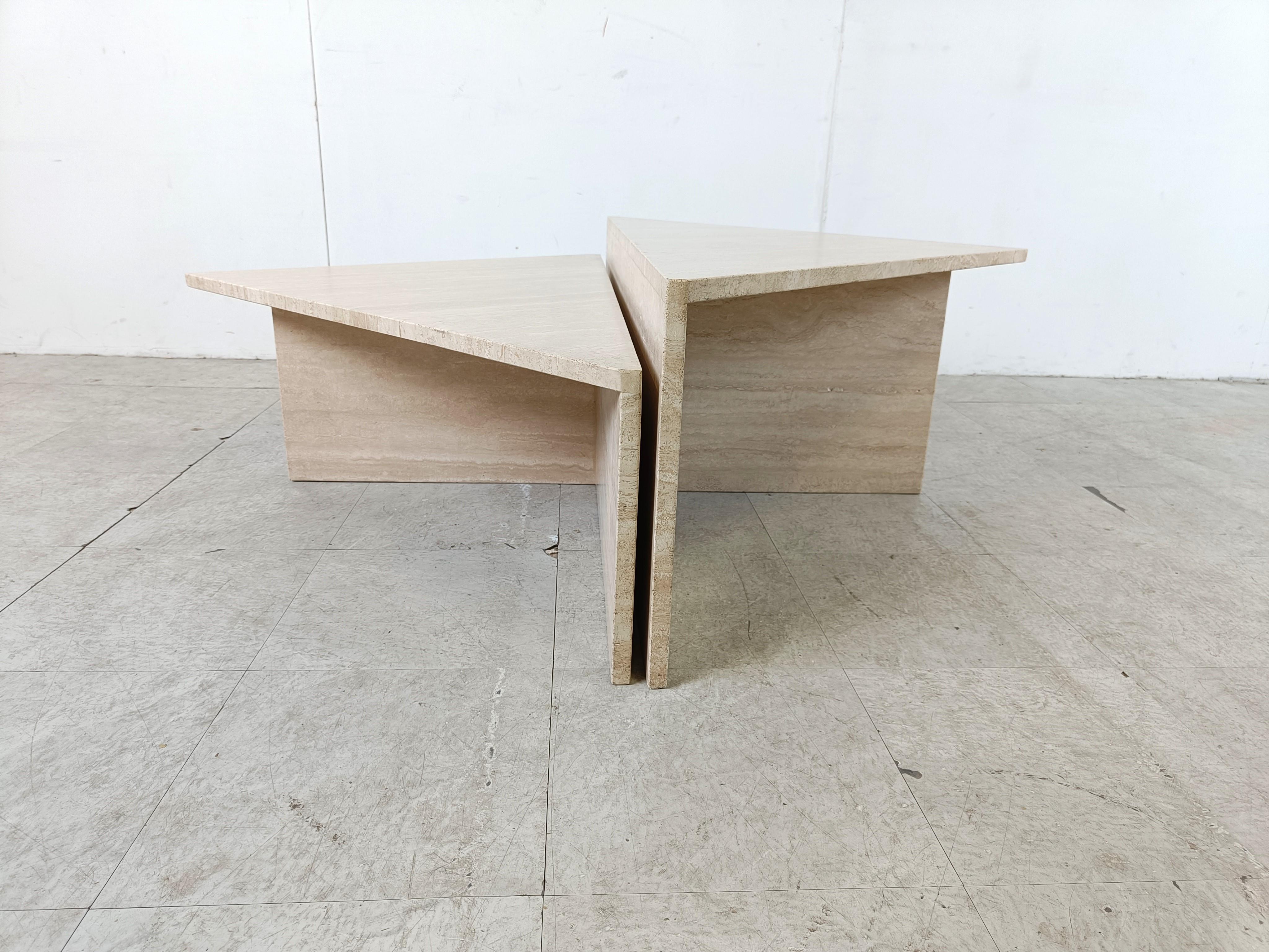 Travertine Up & Up travertine triangular coffee tables, 1970s For Sale