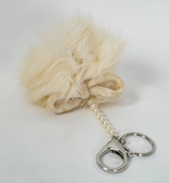 Recycled Handmade Ivory Rabbit Fur Pouf Pom Key Chain or Purse Charm, 1950s
