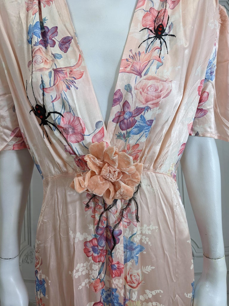 Beige Upcycled Art Deco Black Widow Floral Dressing Gown, Studio VL For Sale
