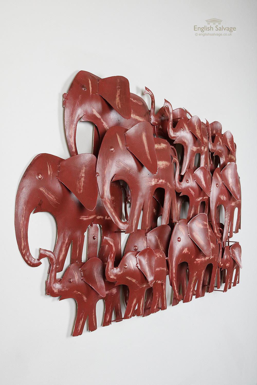 European Upcycled Metal Wall Art of Red Elephant Herd, 20th Century For Sale