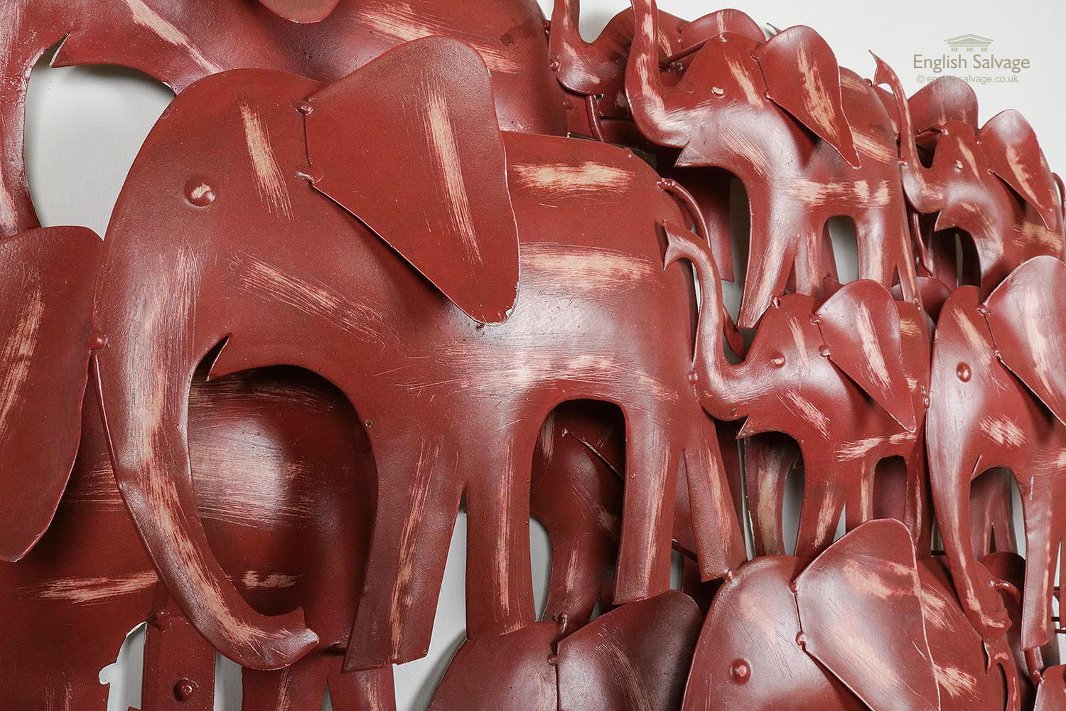 Upcycled Metal Wall Art of Red Elephant Herd, 20th Century In Good Condition For Sale In London, GB
