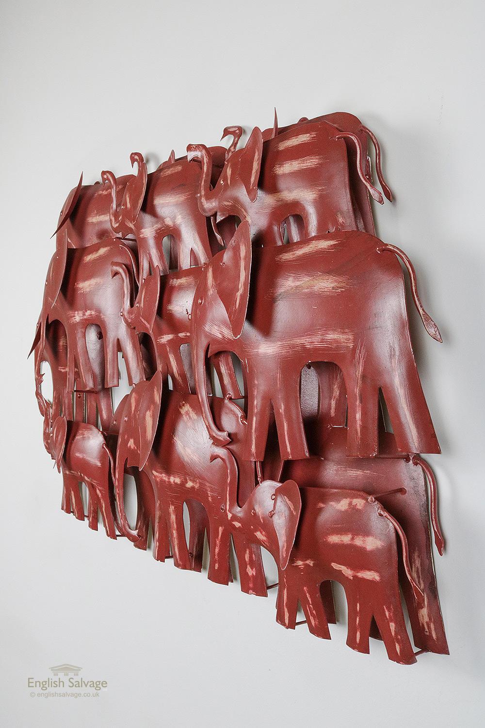 Upcycled Metal Wall Art of Red Elephant Herd, 20th Century For Sale 1