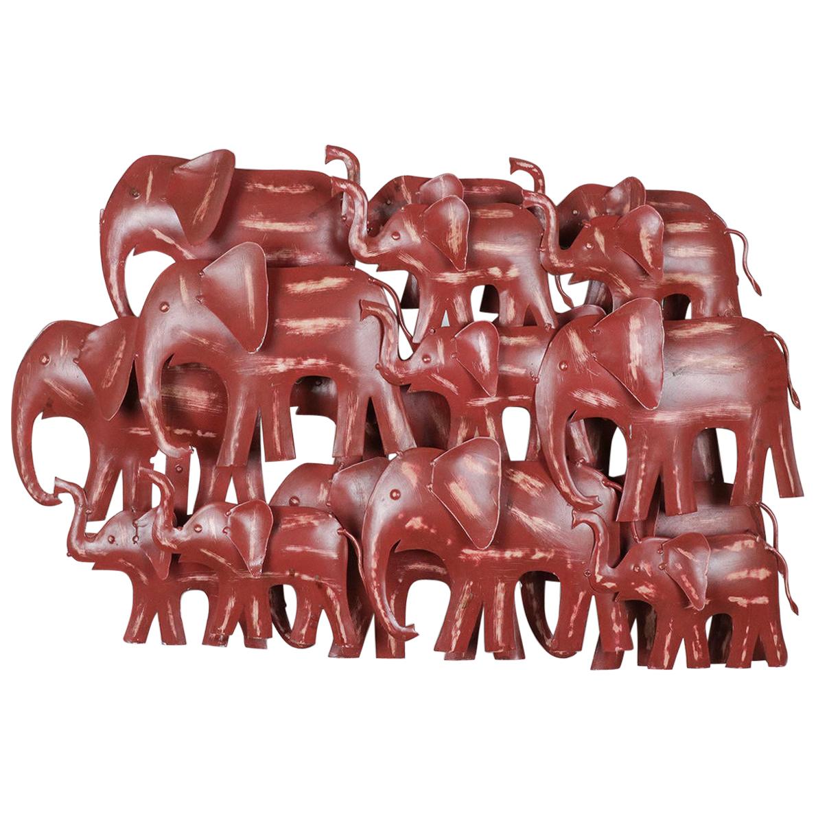 Upcycled Metal Wall Art of Red Elephant Herd, 20th Century For Sale
